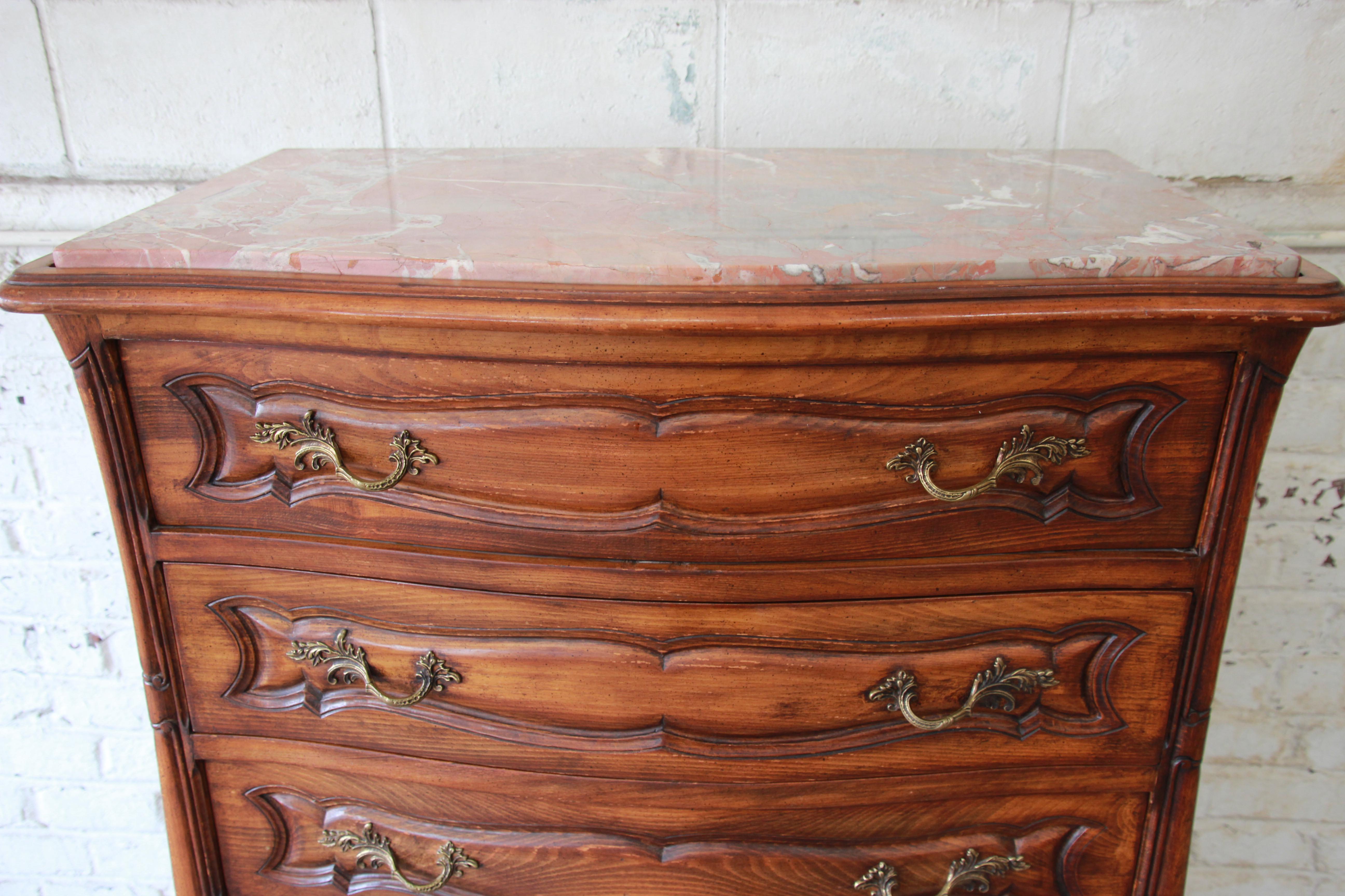 Vintage Louis XV Style Marble Top Highboy Dresser, Made in Italy 1