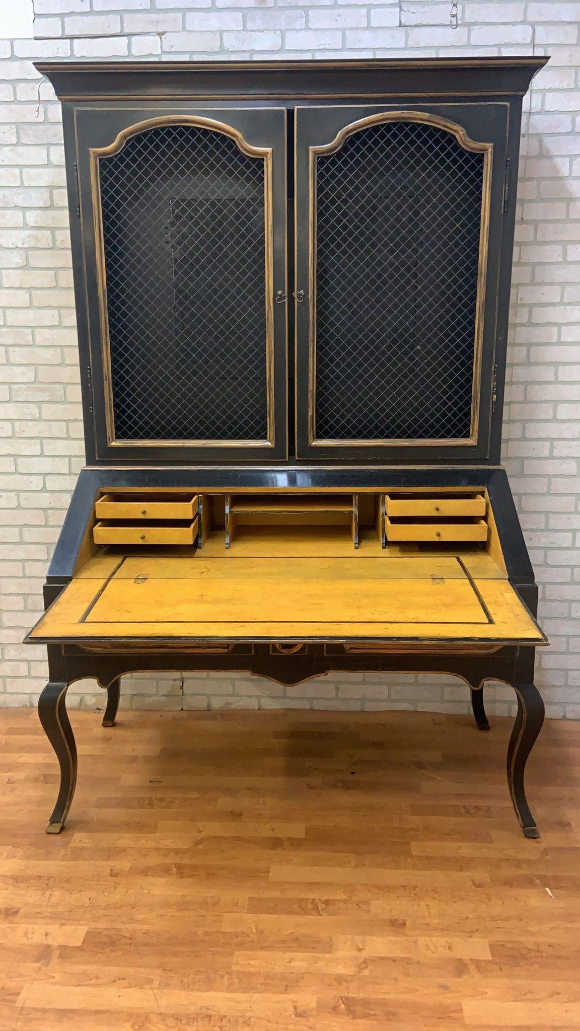 Vintage Louis XV Style Minton Spidell Drop-Front Hand Painted Secretary Cabinet

This Vintage Minton-Spidell Louis XV Style Drop-Front Secretary Cabinet is hand-painted with distressed black lacquer accented with gold leaf highlights and a mustard