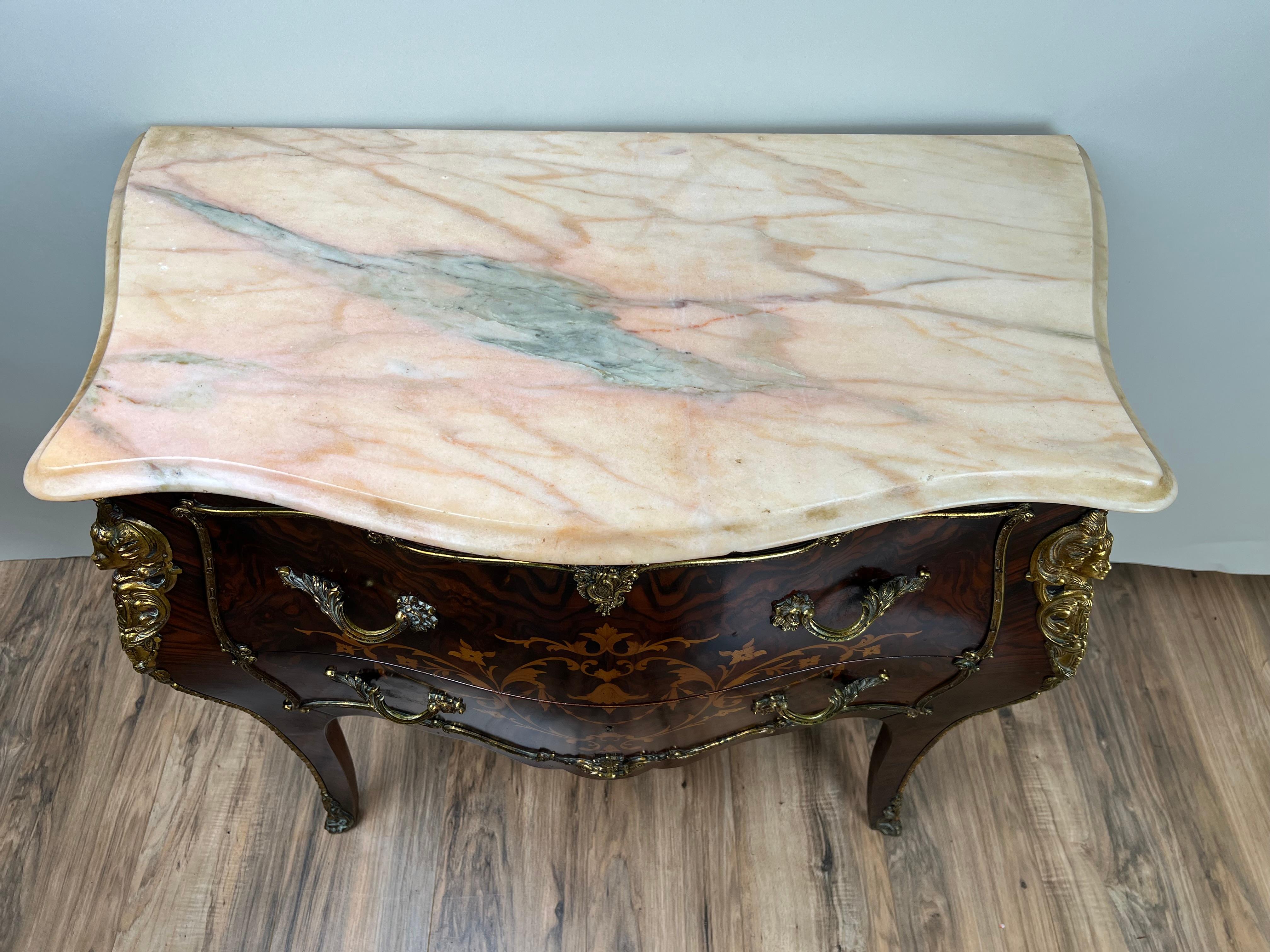Vintage Louis XV Style Ormolu Mounted Rosewood and Pink Marble Commode For Sale 4