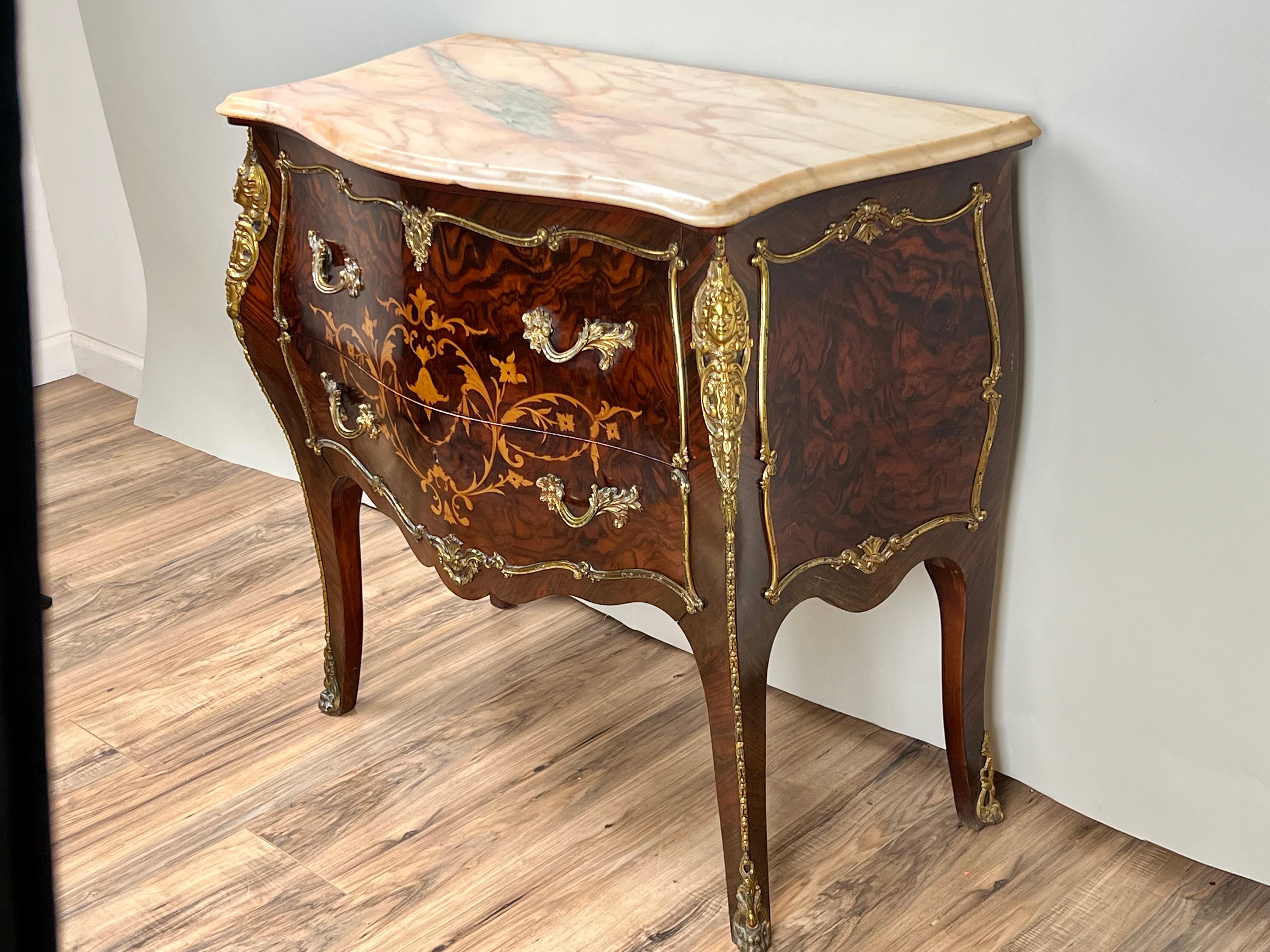 Vintage Louis XV Style Ormolu Mounted Rosewood and Pink Marble Commode For Sale 5