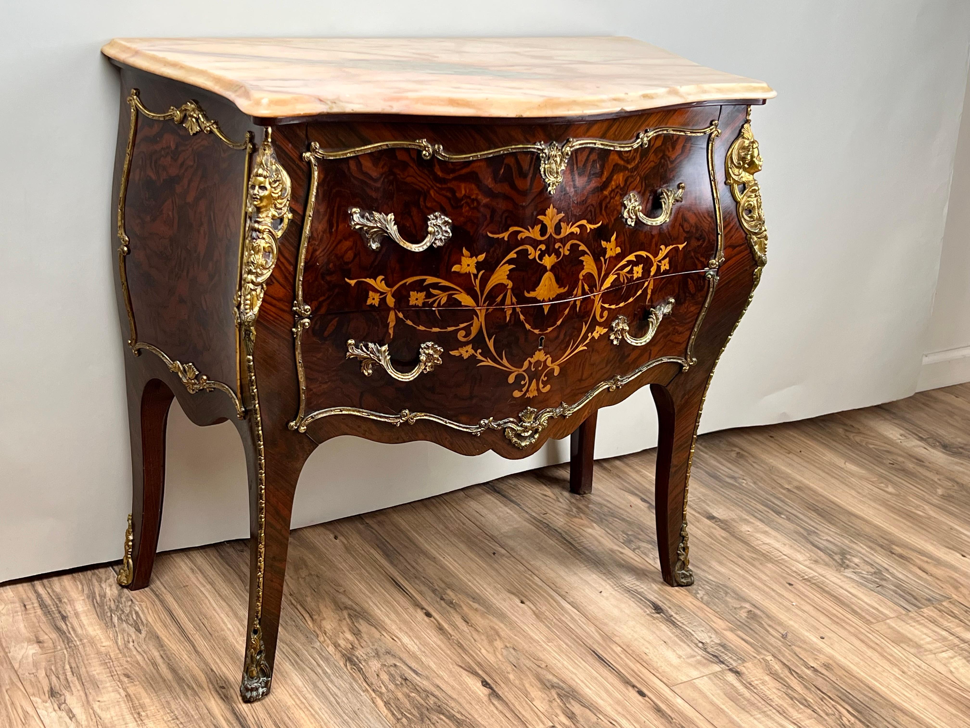 Vintage Louis XV Style Ormolu Mounted Rosewood and Pink Marble Commode For Sale 6