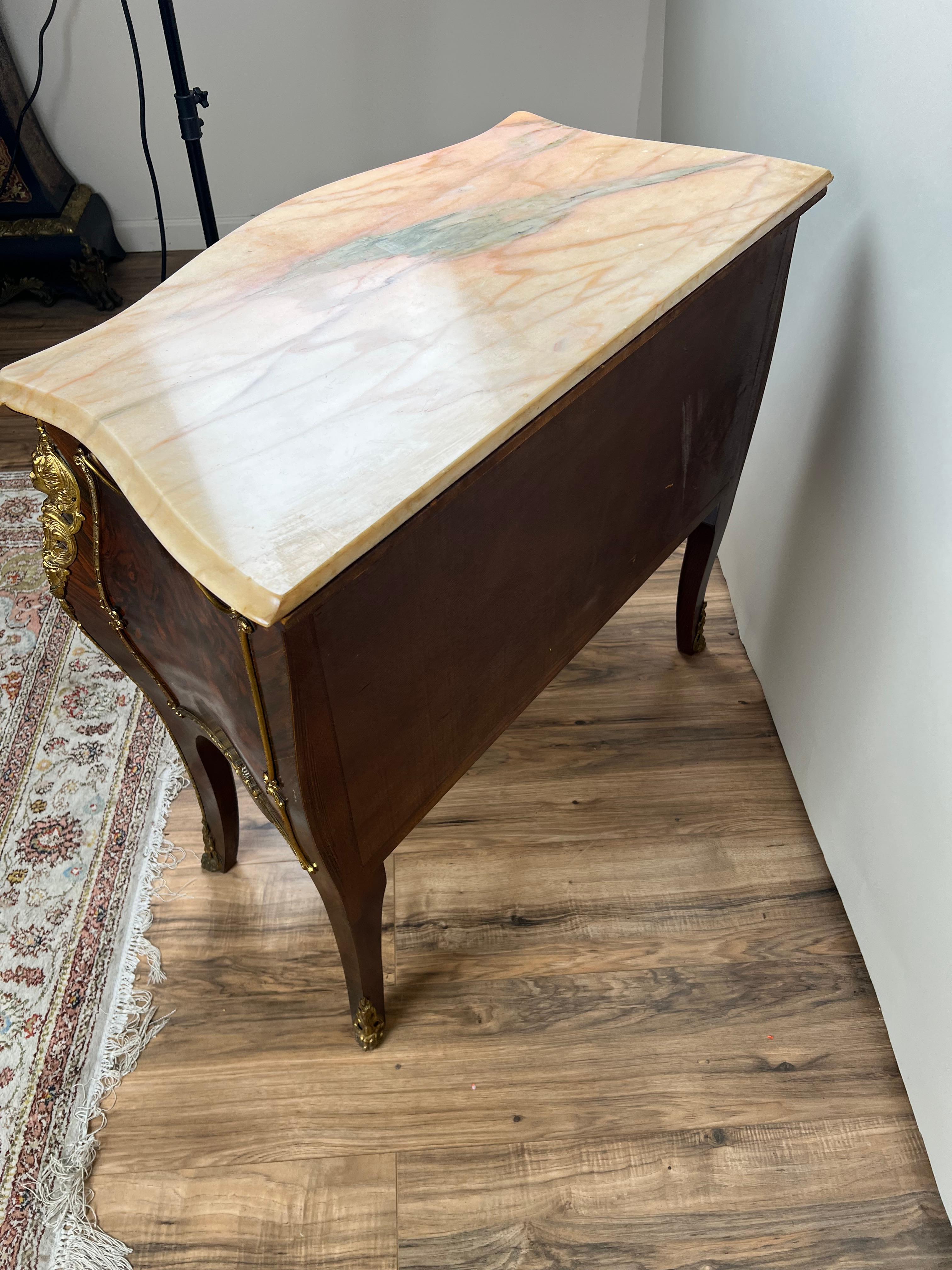 French Vintage Louis XV Style Ormolu Mounted Rosewood and Pink Marble Commode For Sale