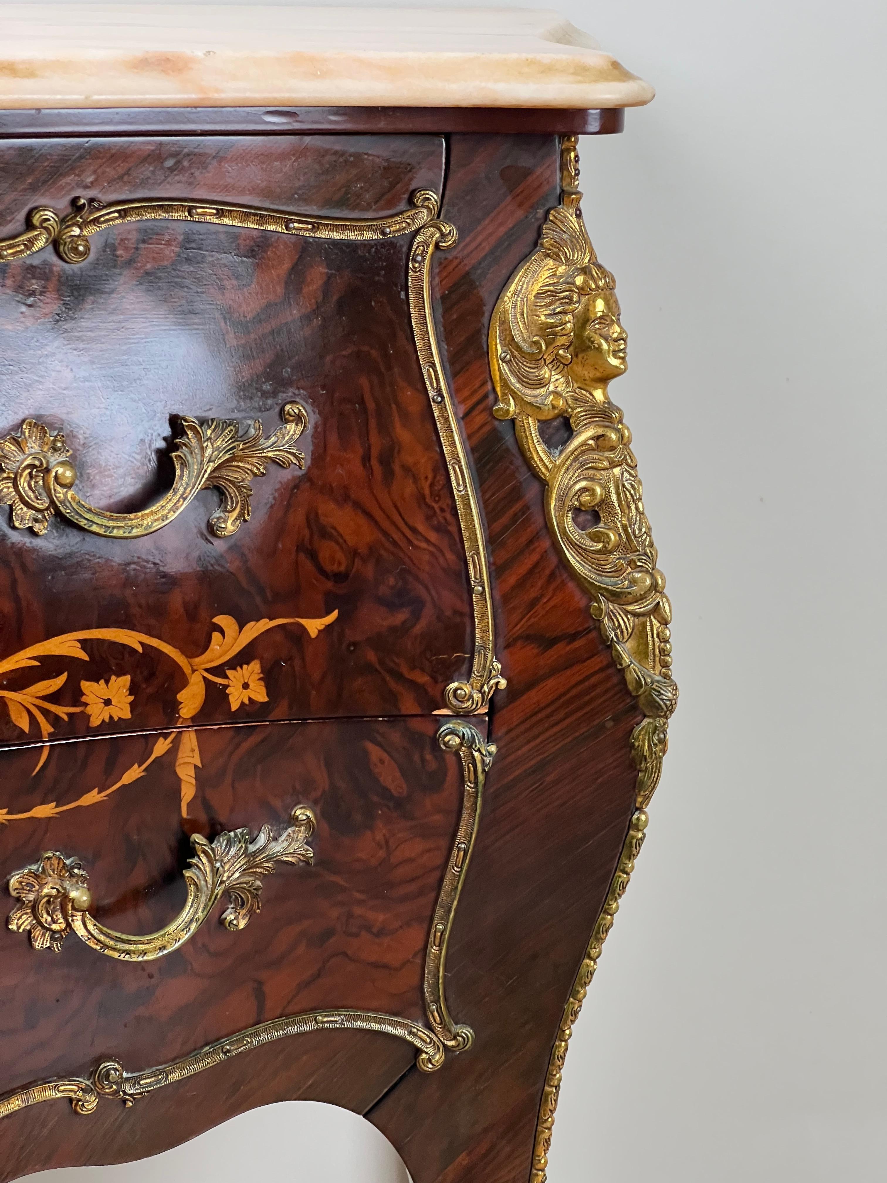 Rose Quartz Vintage Louis XV Style Ormolu Mounted Rosewood and Pink Marble Commode For Sale