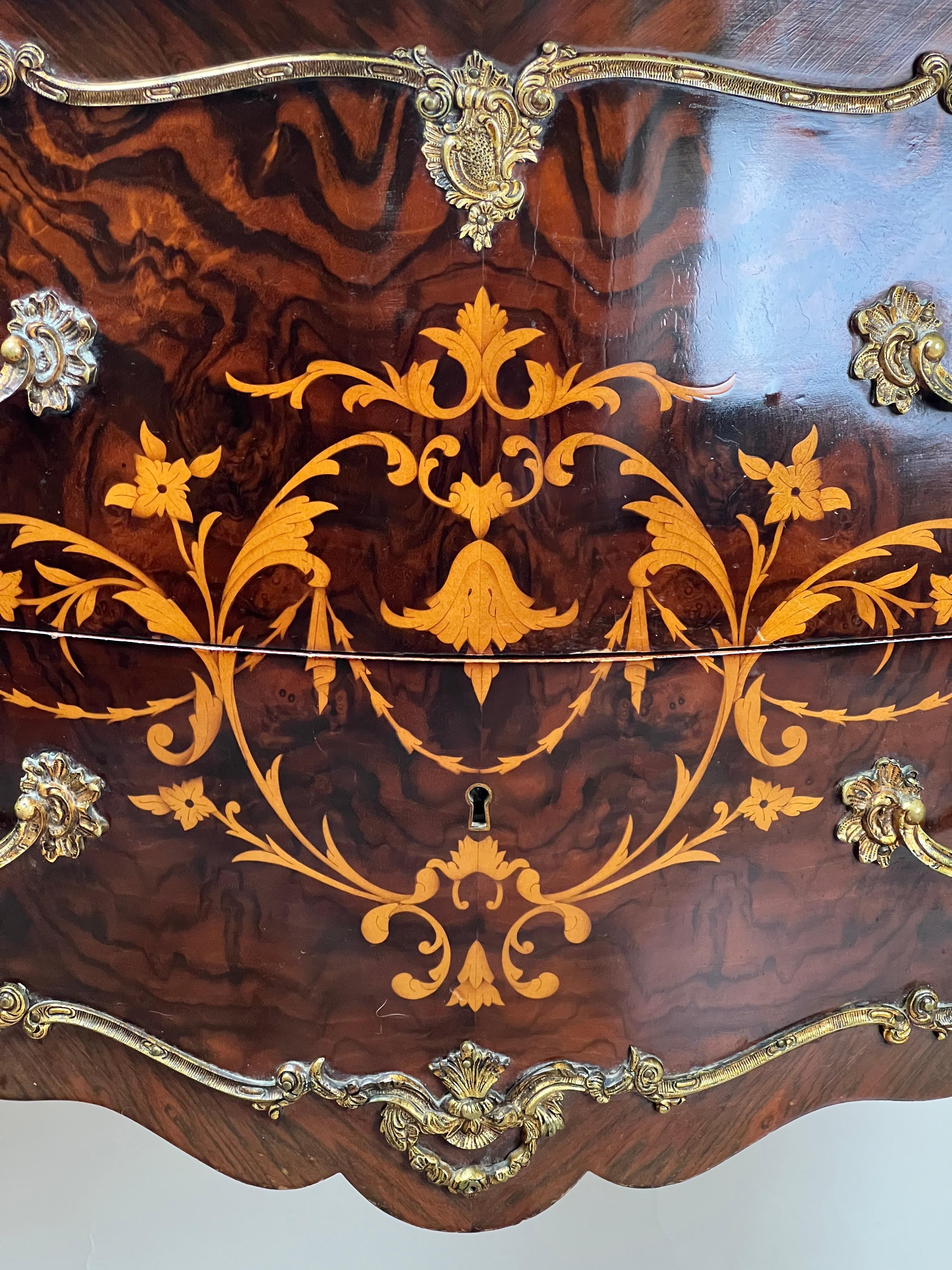 Vintage Louis XV Style Ormolu Mounted Rosewood and Pink Marble Commode For Sale 1
