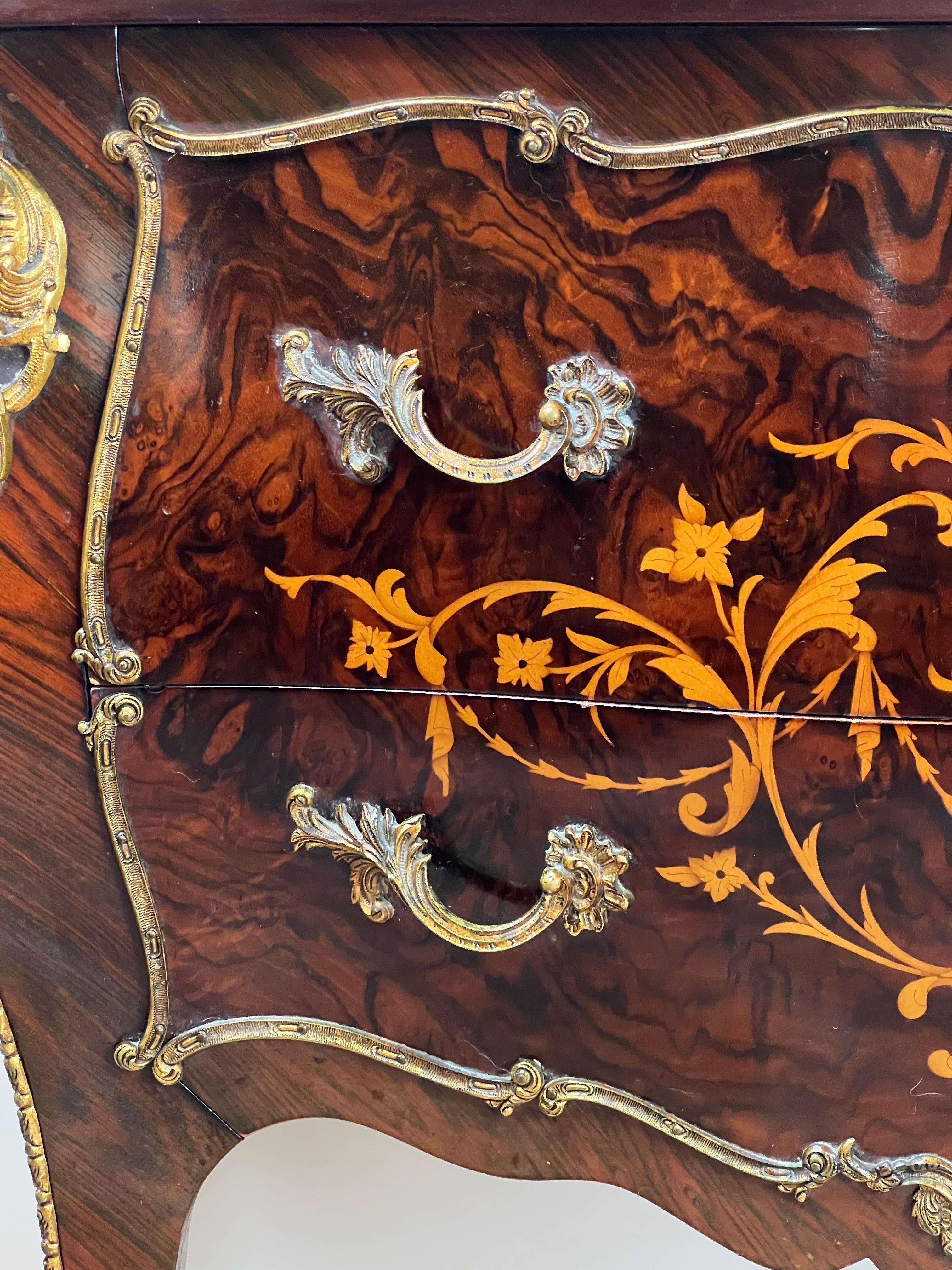 Vintage Louis XV Style Ormolu Mounted Rosewood and Pink Marble Commode For Sale 2
