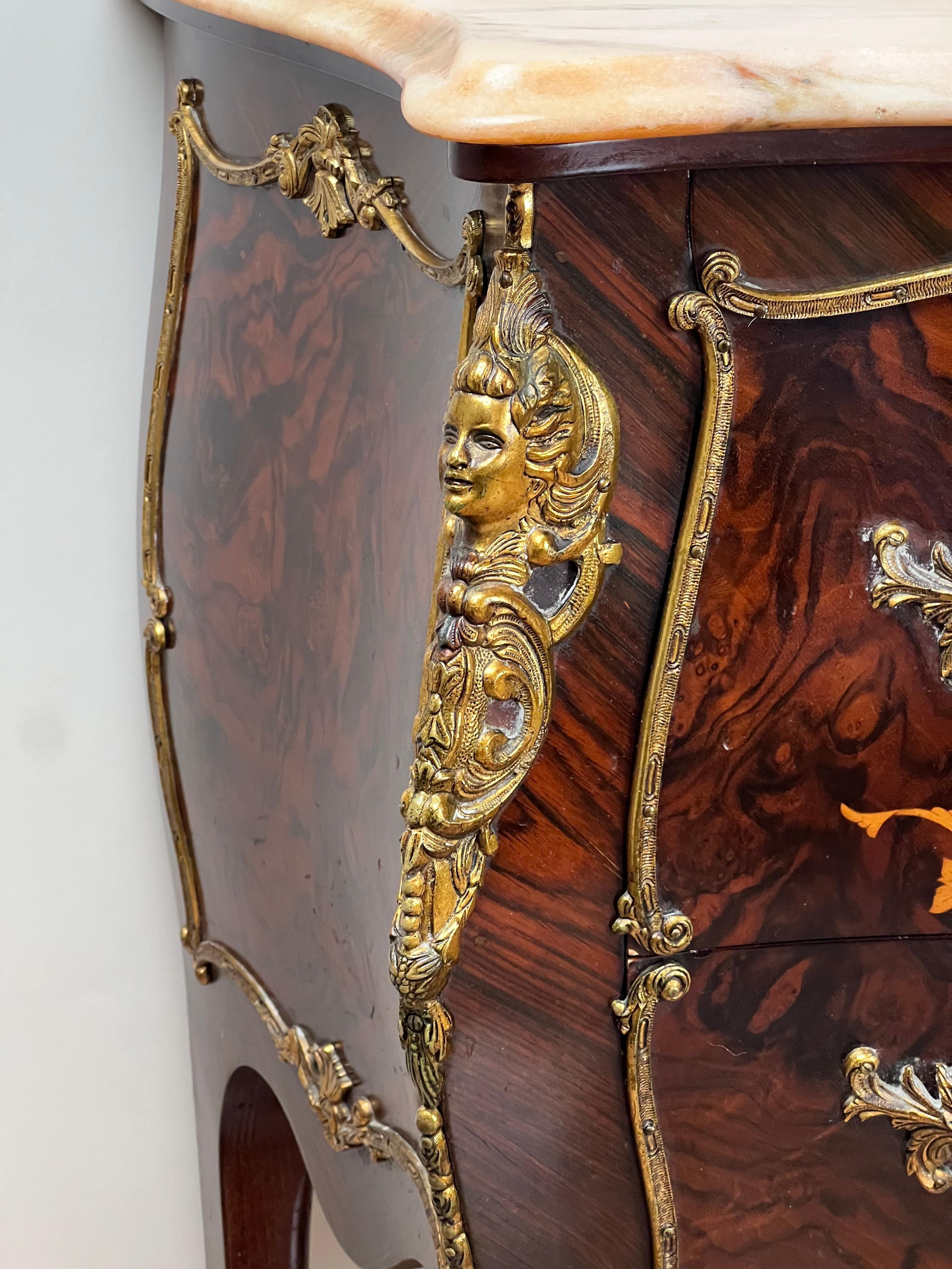 Vintage Louis XV Style Ormolu Mounted Rosewood and Pink Marble Commode For Sale 3