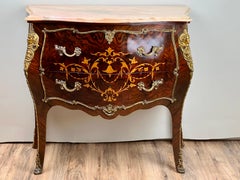 Vintage Louis XV Style Ormolu Mounted Rosewood and Pink Marble Commode
