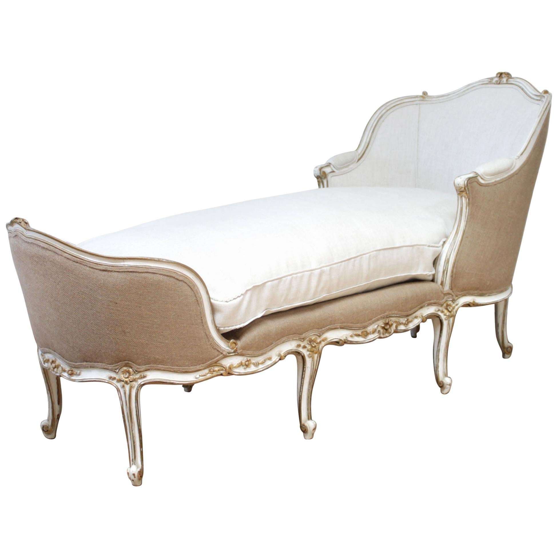 Vintage Louis XV Style Painted and Upholstered Linen Chaise Lounge