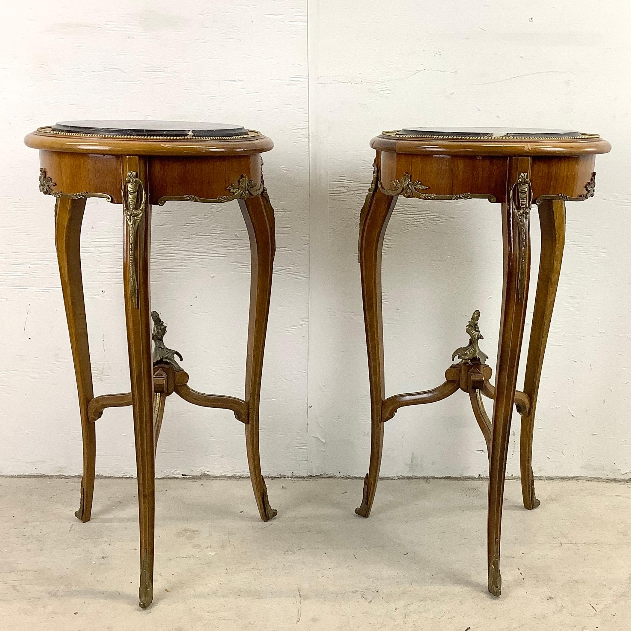 Patinated Vintage Louis XV Style Stone Top End Tables -a Pair