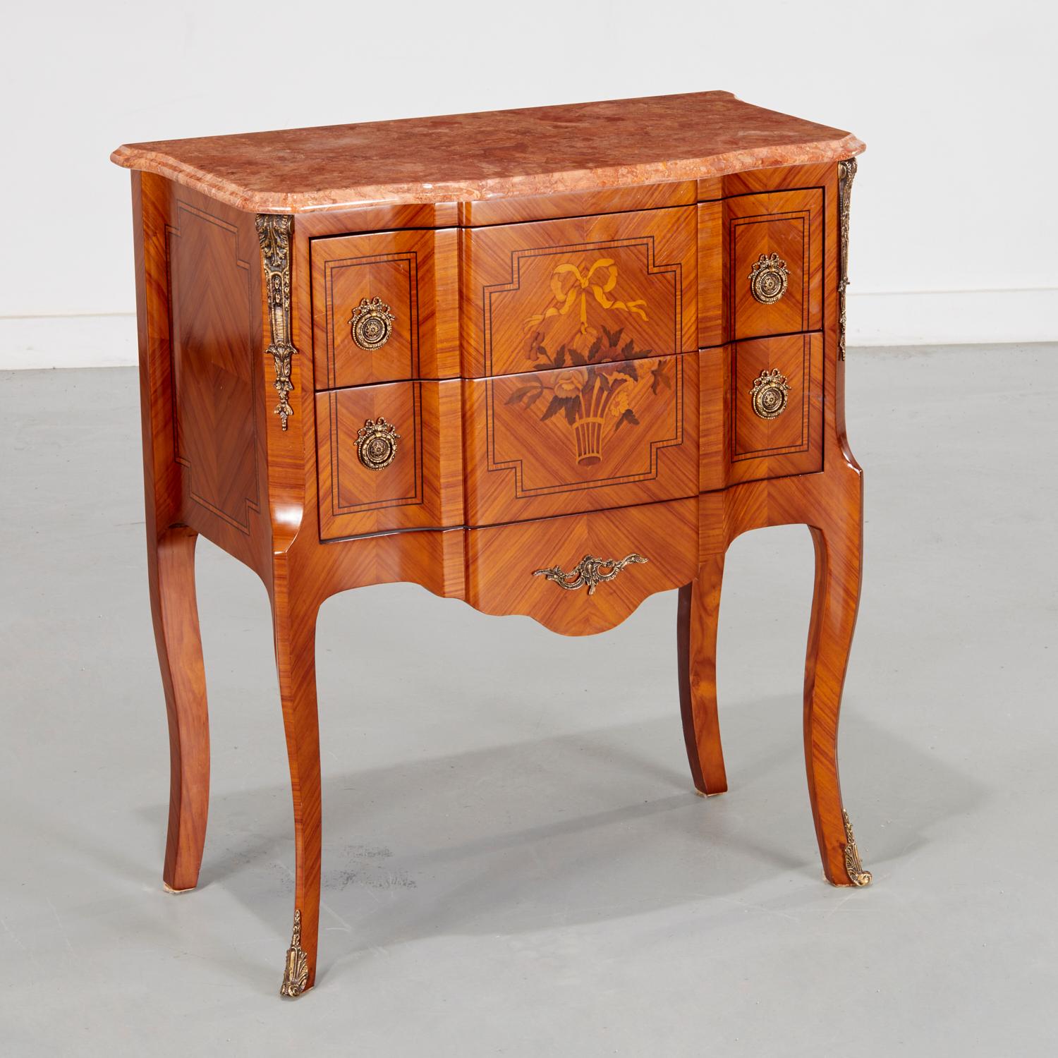 Vintage Louis XV/XVI Transitional Style Inlaid Commode with Brass Fittings For Sale 2