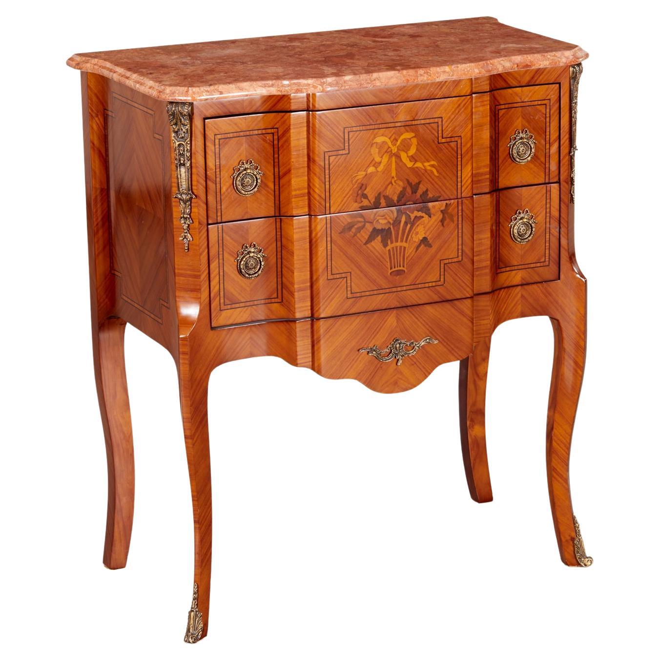Vintage Louis XV/XVI Transitional Style Inlaid Commode with Brass Fittings For Sale