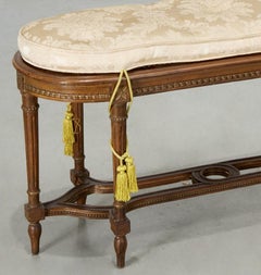 Vintage Louis XVI Style Caned Window Bench with Cream Damask Cushion