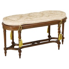 Vintage Louis XVI Style Caned Window Bench with Cream Damask Cushion