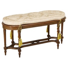 Vintage Louis XVI Style Caned Window Bench with Cream Damask Cushion