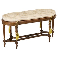 Used Louis XVI Style Caned Window Bench with Cream Damask Cushion