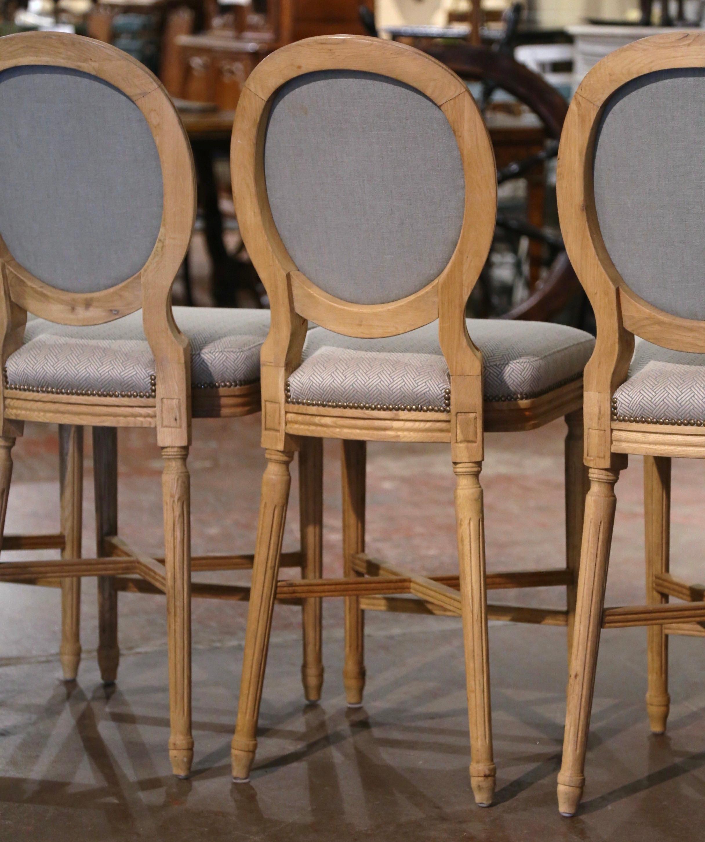 Vintage Louis XVI Style Carved Light Oak Counter Stools, Set of Five 3