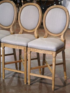 Vintage Louis XVI Style Carved Light Oak Counter Stools, Set of Five