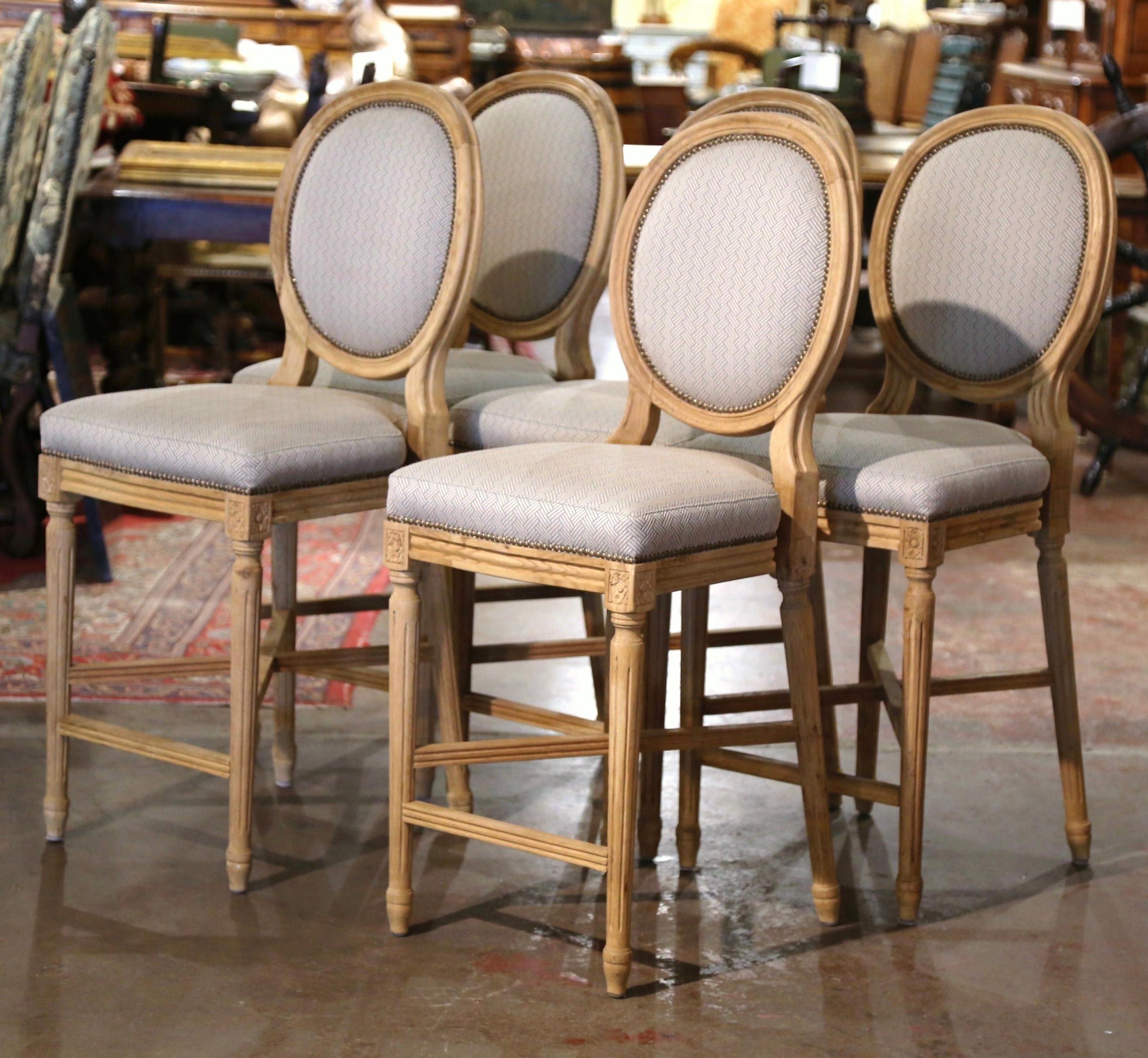 Contemporary Vintage Louis XVI Style Carved Light Oak Counter Stools, Set of Five