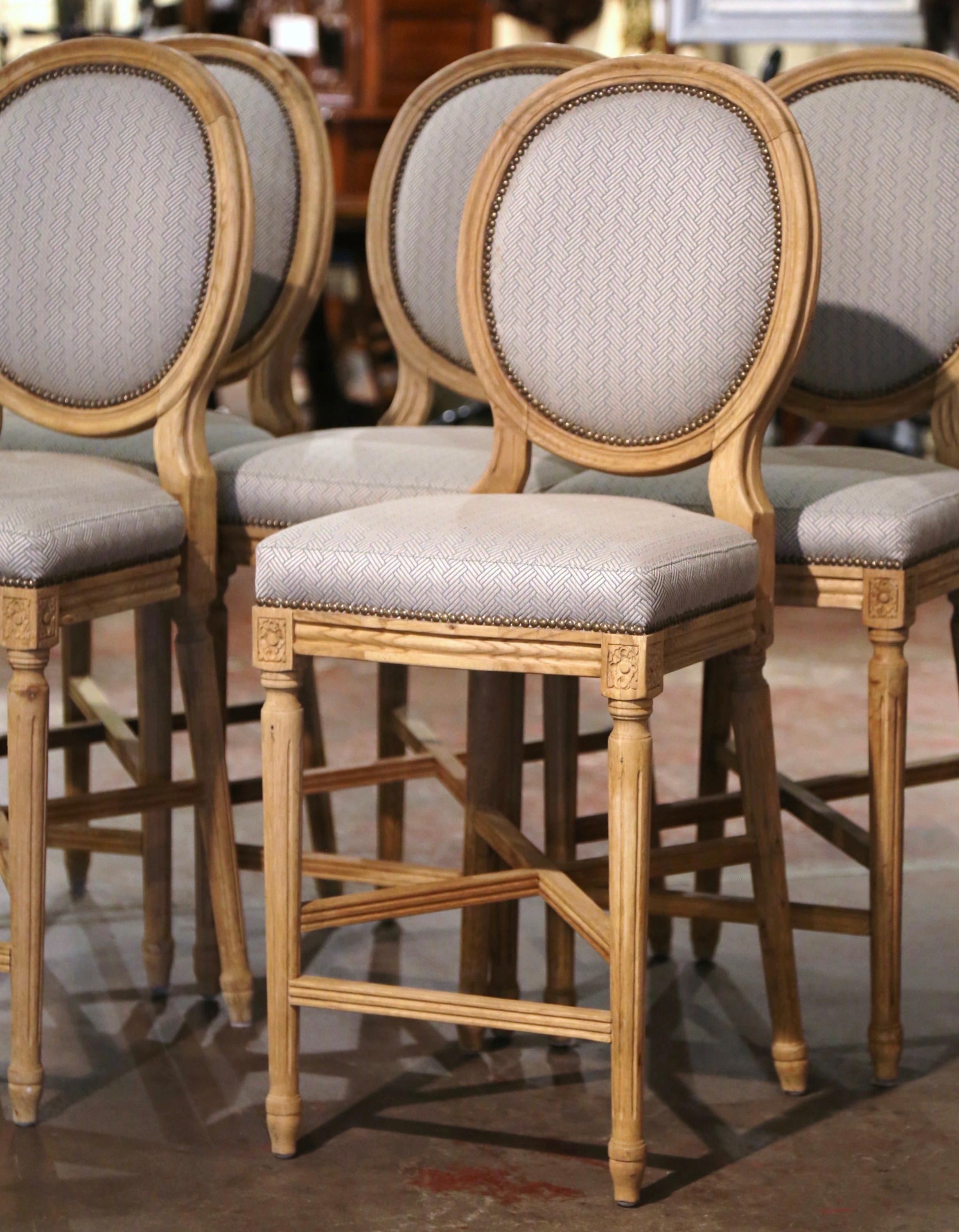 Fabric Vintage Louis XVI Style Carved Light Oak Counter Stools, Set of Five