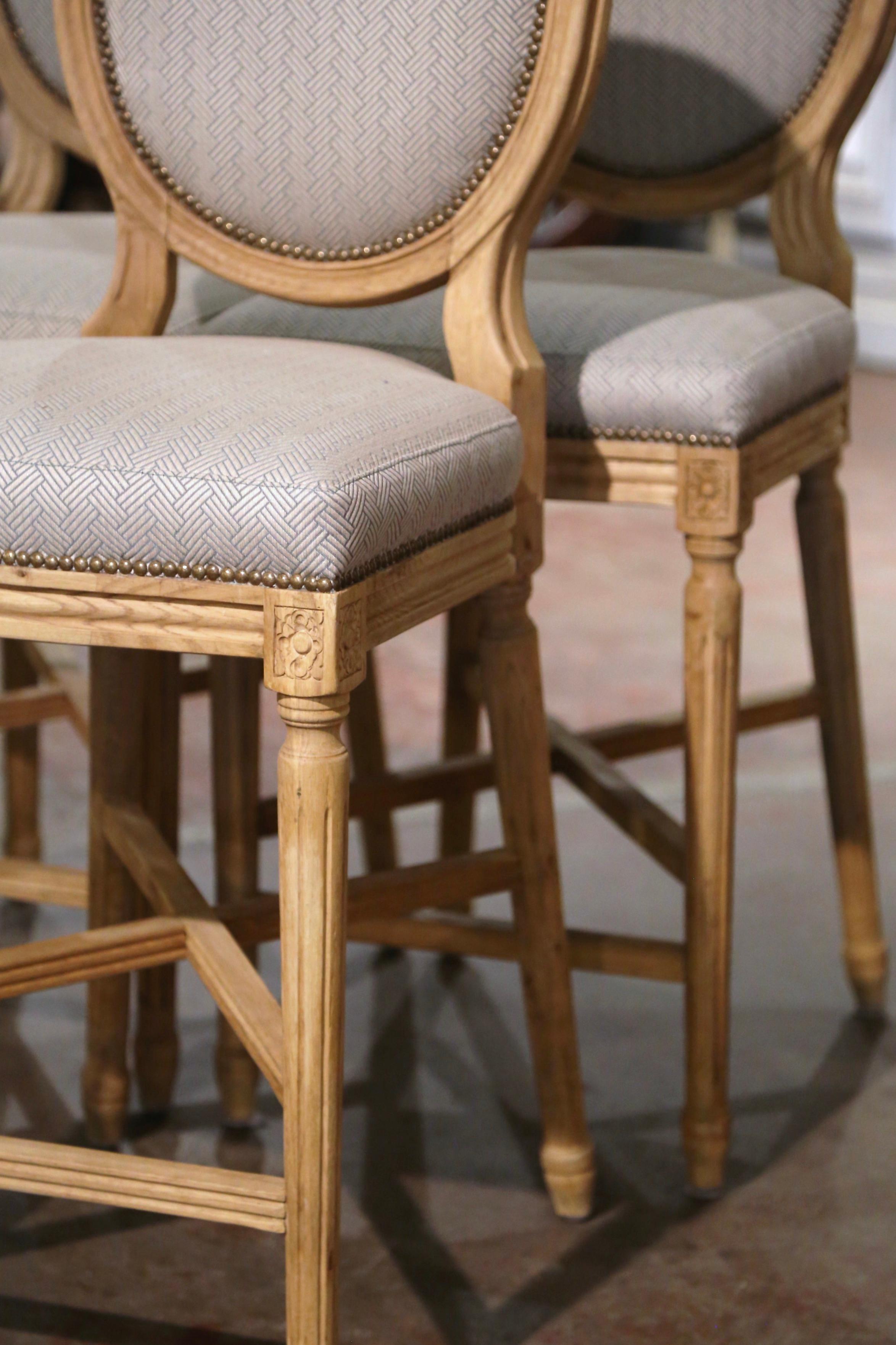 Vintage Louis XVI Style Carved Light Oak Counter Stools, Set of Five 1