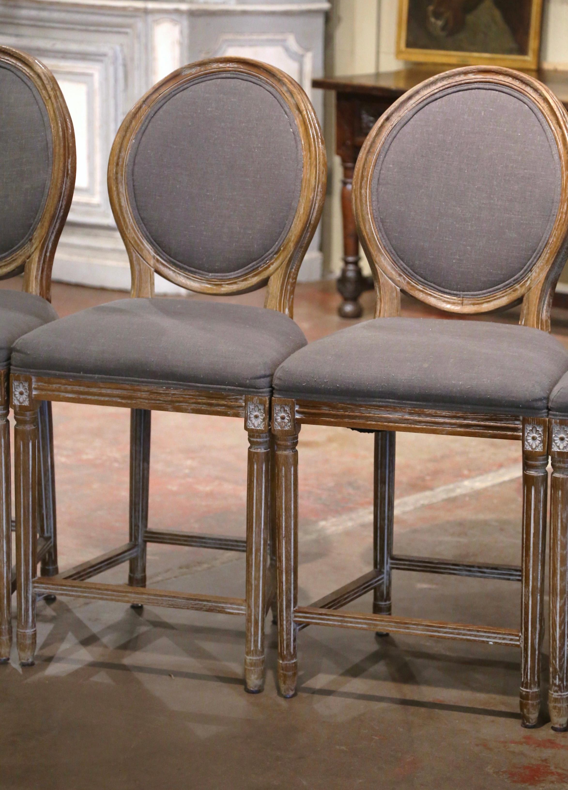 French Vintage Louis XVI Style Carved Oak White Washed Counter Stools, Set of Four