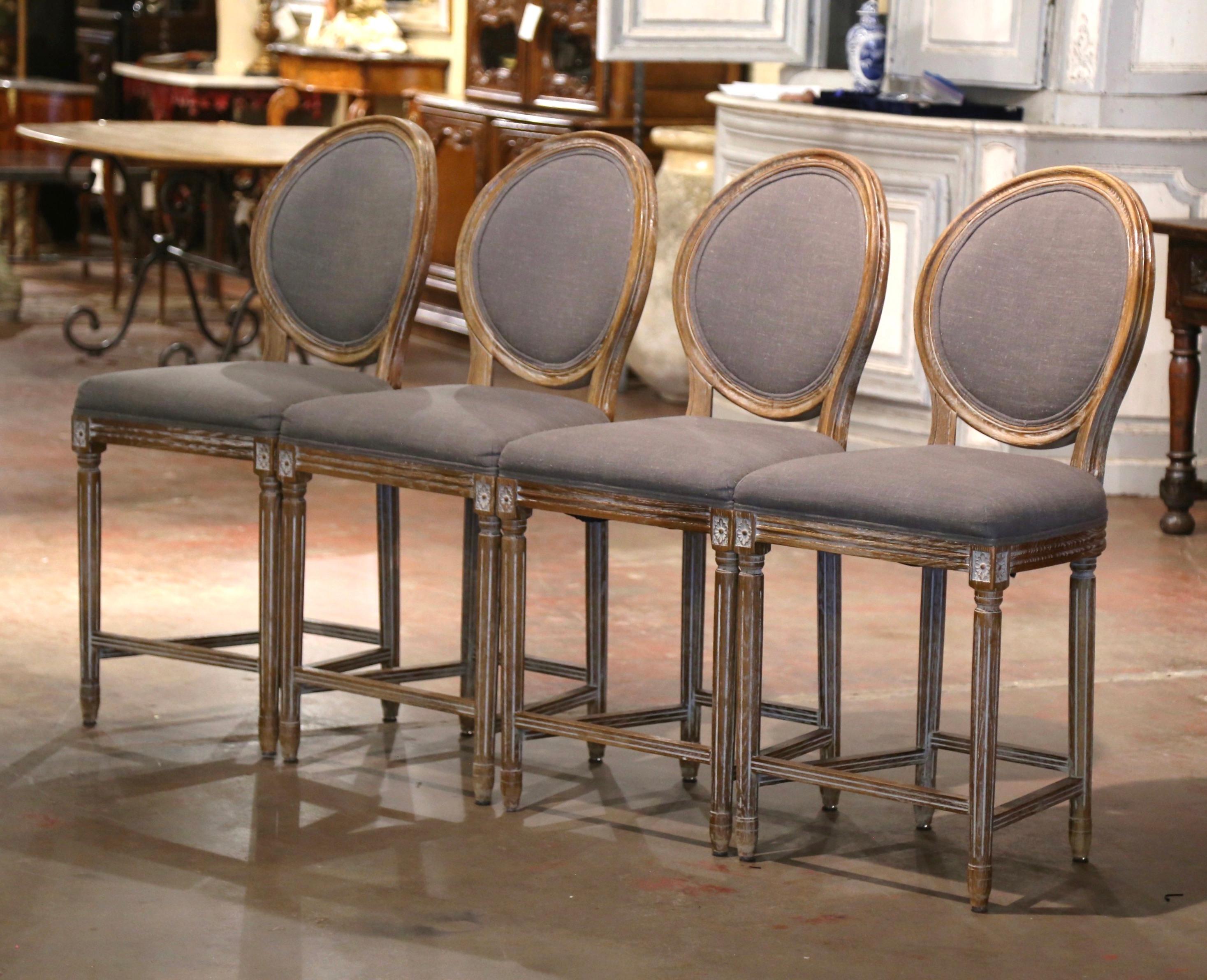 Vintage Louis XVI Style Carved Oak White Washed Counter Stools, Set of Four In Excellent Condition In Dallas, TX
