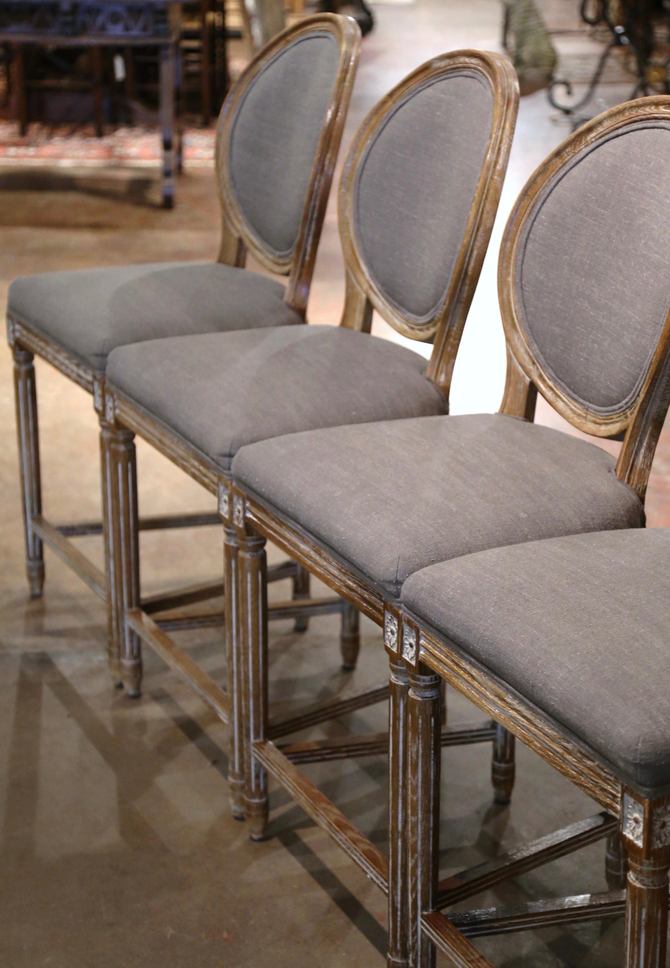 Contemporary Vintage Louis XVI Style Carved Oak White Washed Counter Stools, Set of Four