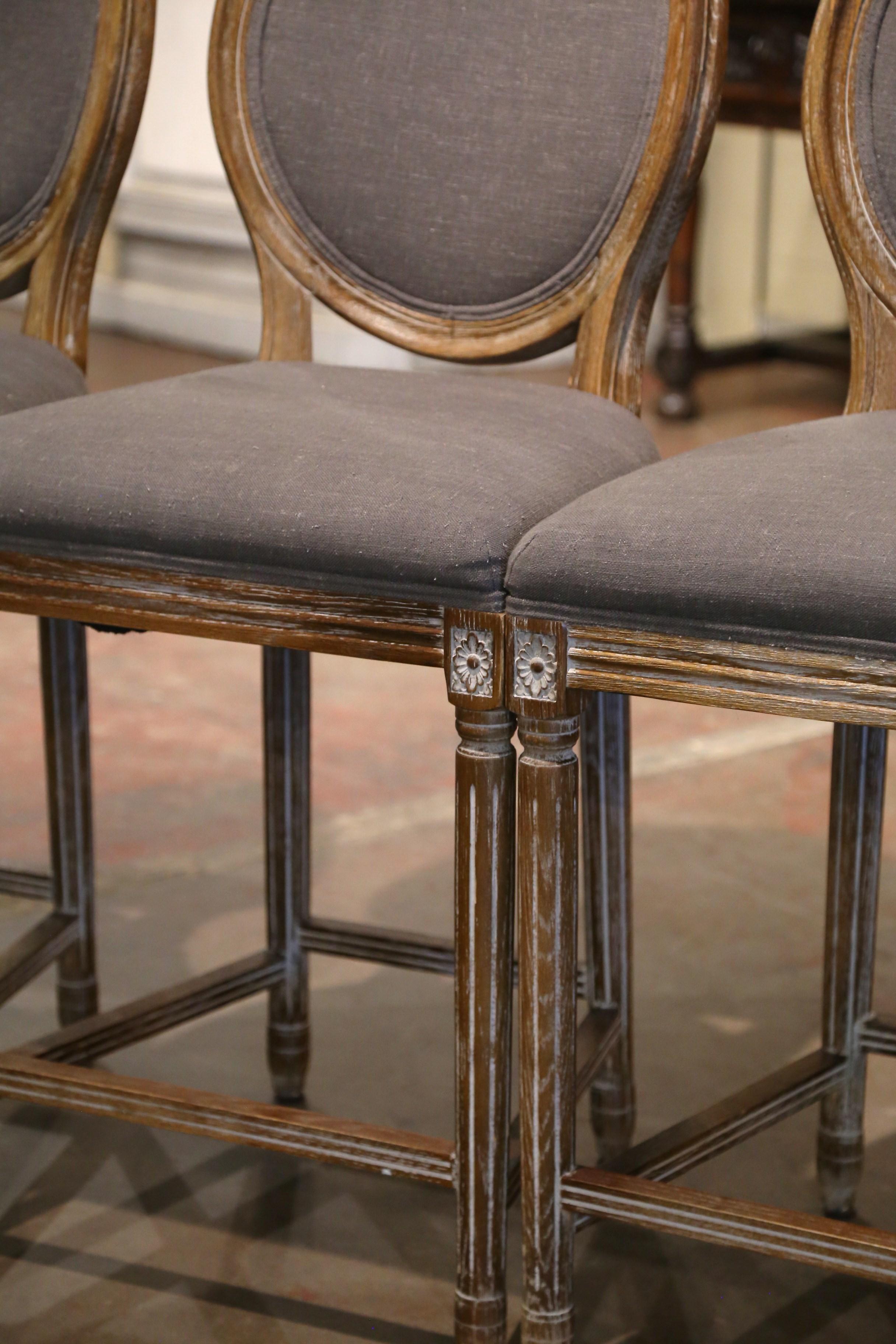 Fabric Vintage Louis XVI Style Carved Oak White Washed Counter Stools, Set of Four