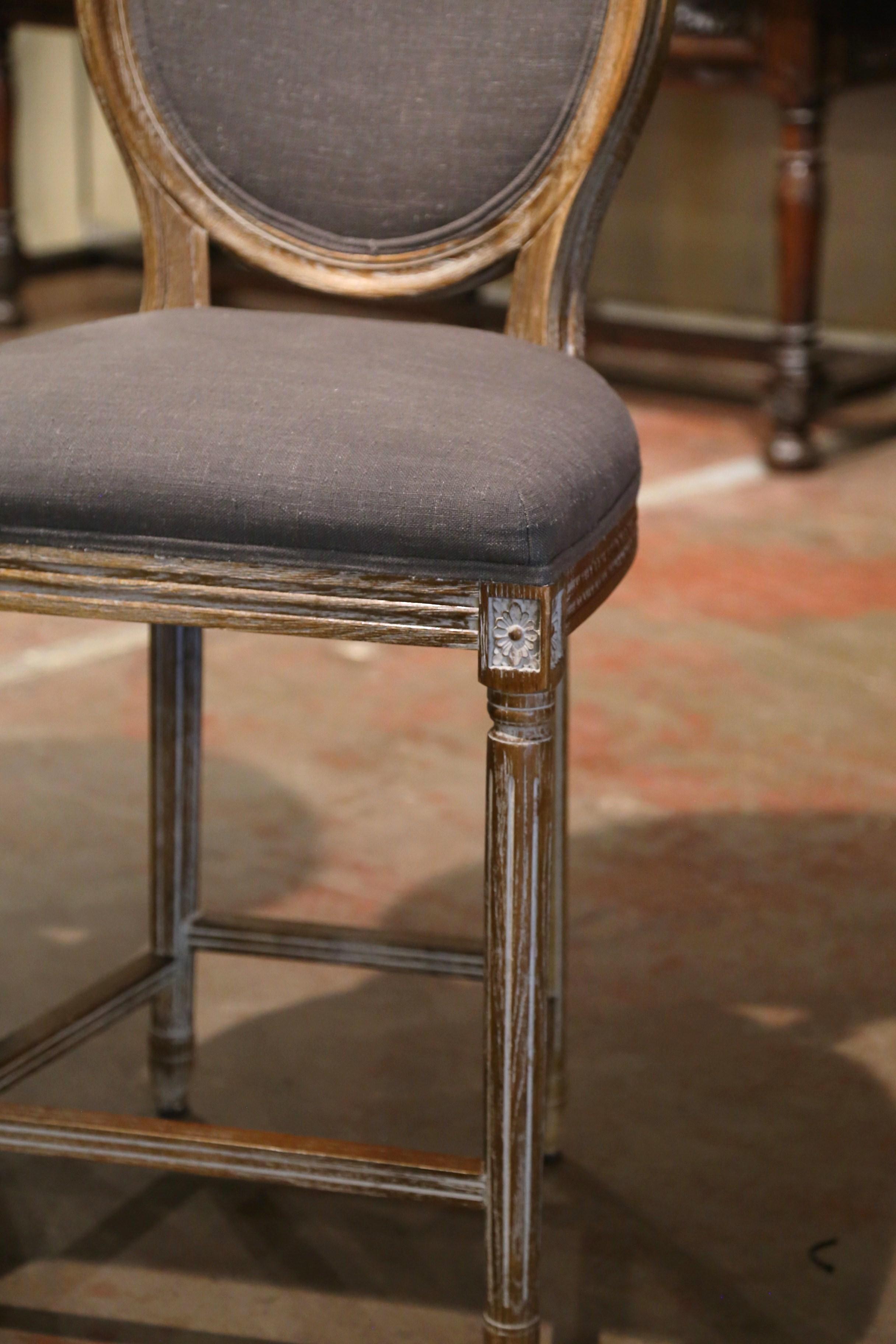 Vintage Louis XVI Style Carved Oak White Washed Counter Stools, Set of Four 1