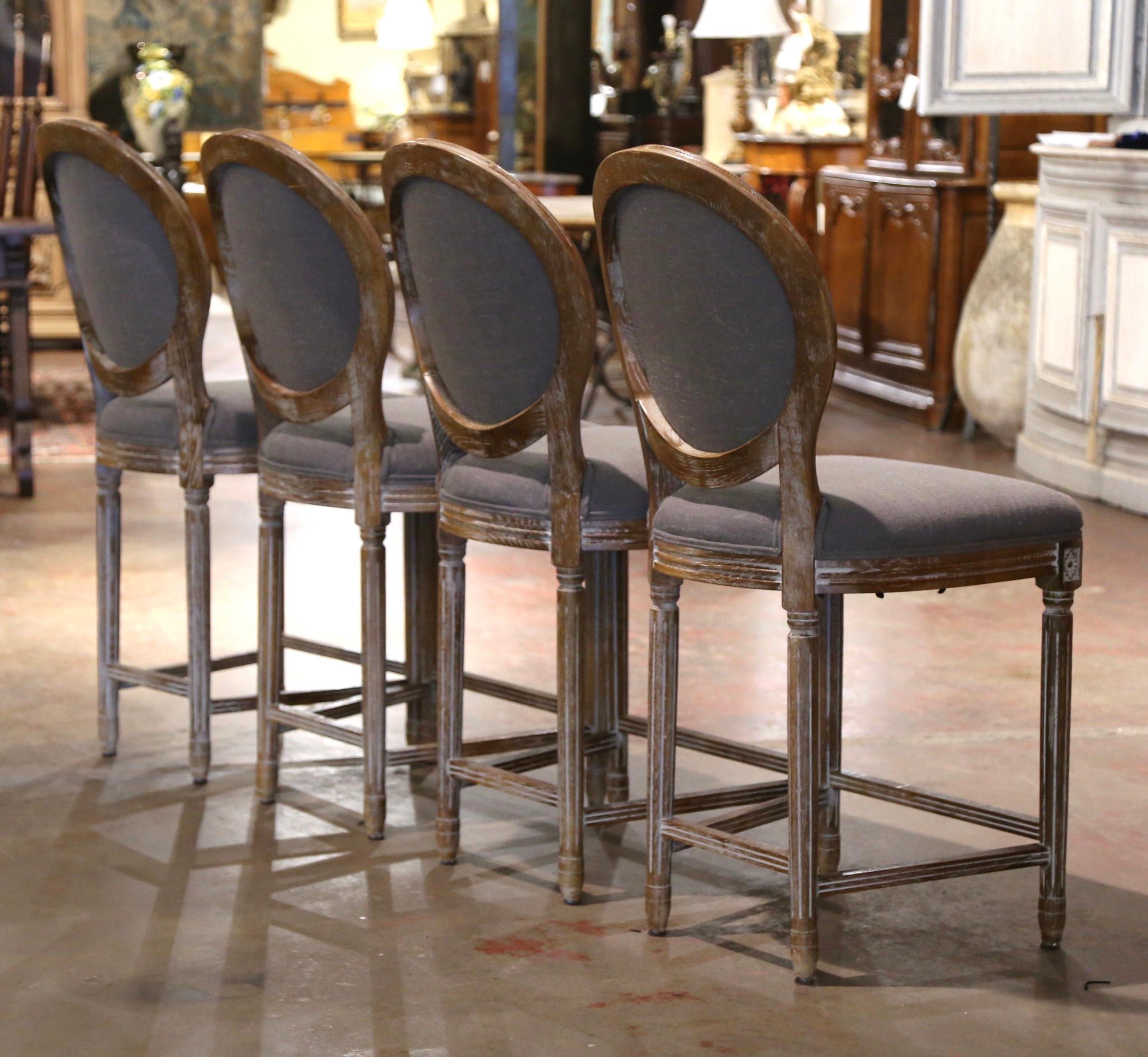 Vintage Louis XVI Style Carved Oak White Washed Counter Stools, Set of Four 2