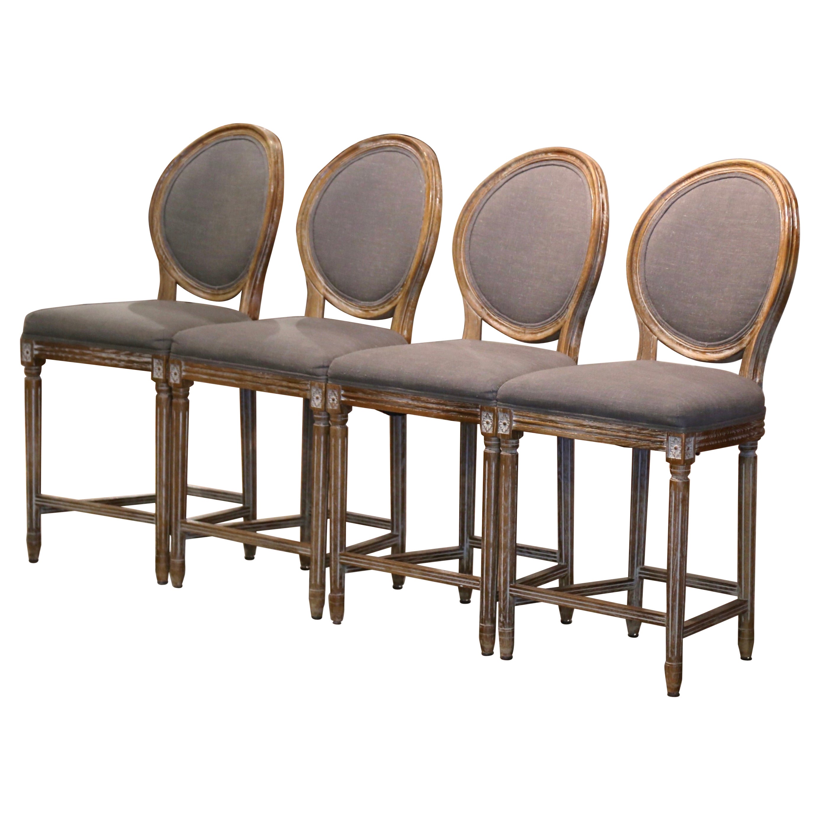 Vintage Louis XVI Style Carved Oak White Washed Counter Stools, Set of Four