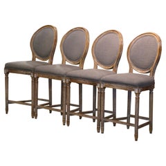 Vintage Louis XVI Style Carved Oak White Washed Counter Stools, Set of Four