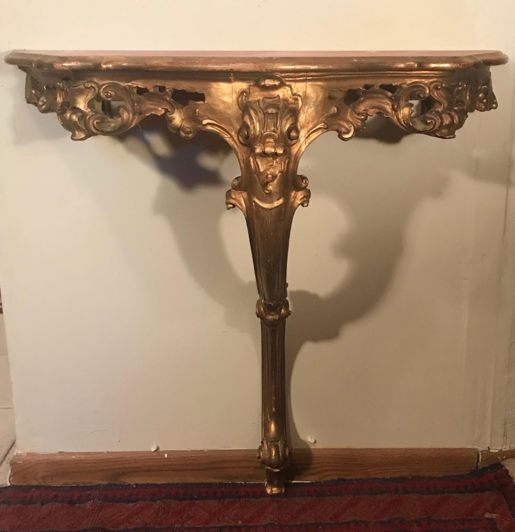 Hand-Carved Vintage Louis XVI Style Console Table, Petit with Faux Marble Top