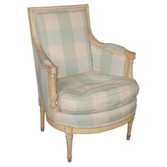Vintage Louis XVI Style Creme Paint Decorated Distressed Bergere Chair