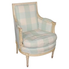 Vintage Louis XVI Style Creme Paint Decorated Distressed Bergere Chair