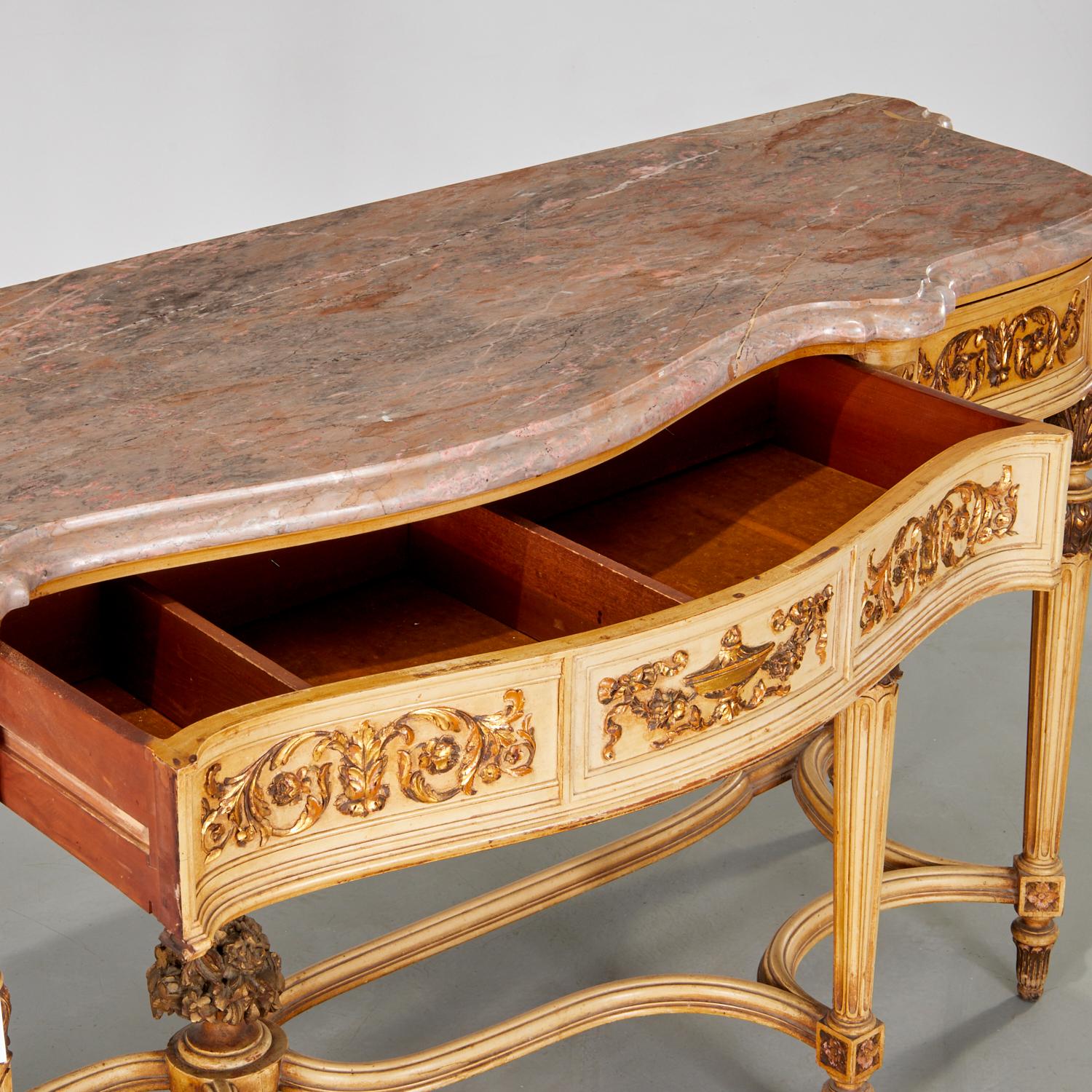 20th c., Louis XVI style carved and painted console features, most notably, a top of gorgeous 1.25