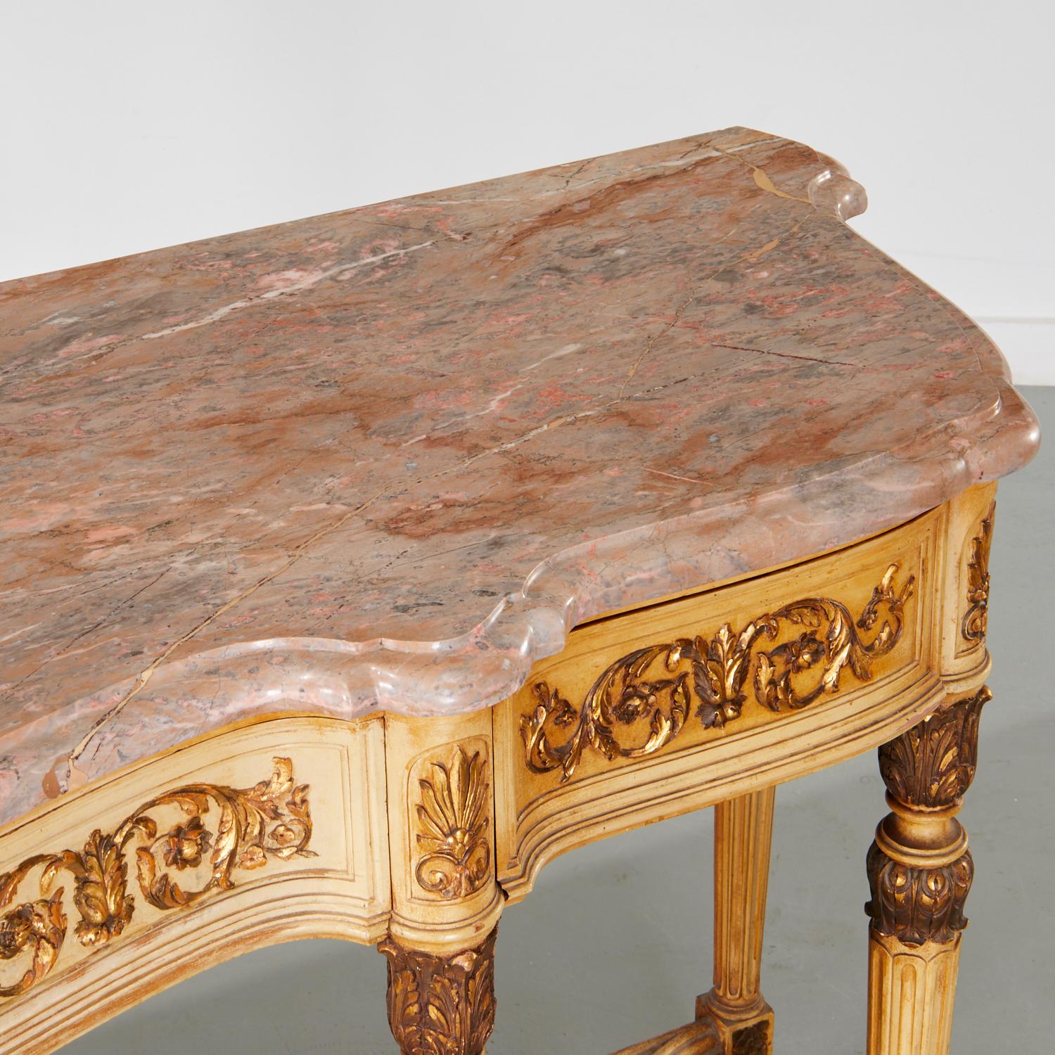 French Vintage Louis XVI Style Hand Painted and Breche Violette Marble Top Console For Sale