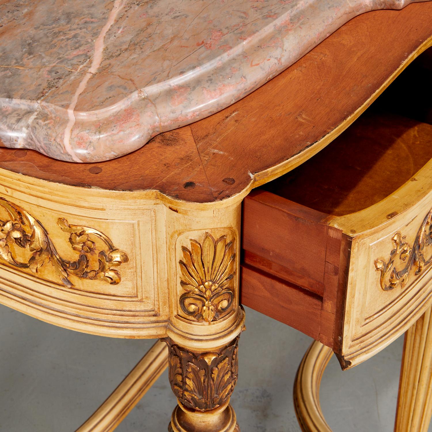 Milieu du XXe siècle Console vintage de style Louis XVI peinte à la main et plateau en marbre Brèche Violette en vente