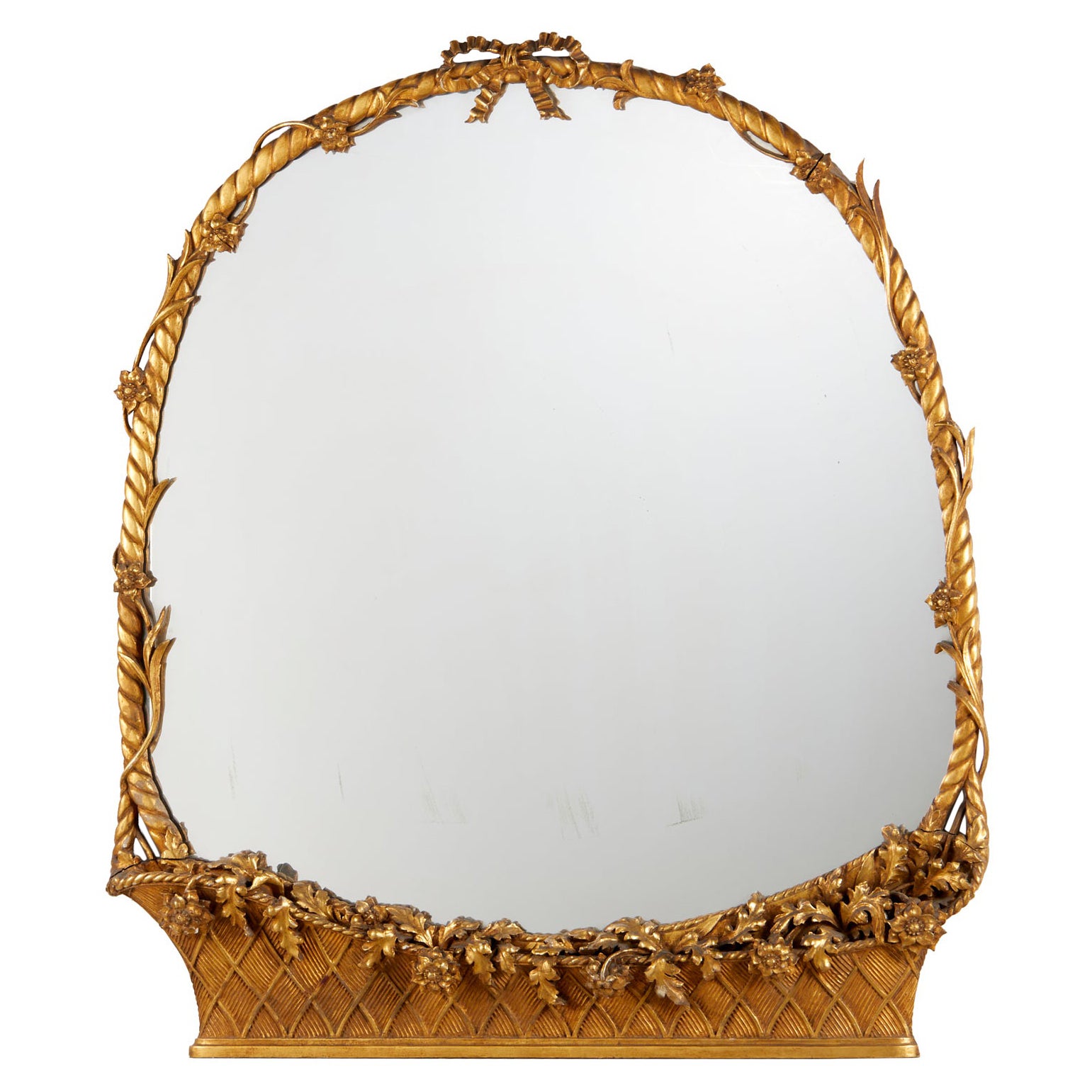 Specchio da parete in legno dorato italiano in stile Luigi XVI con cesto floreale in vendita