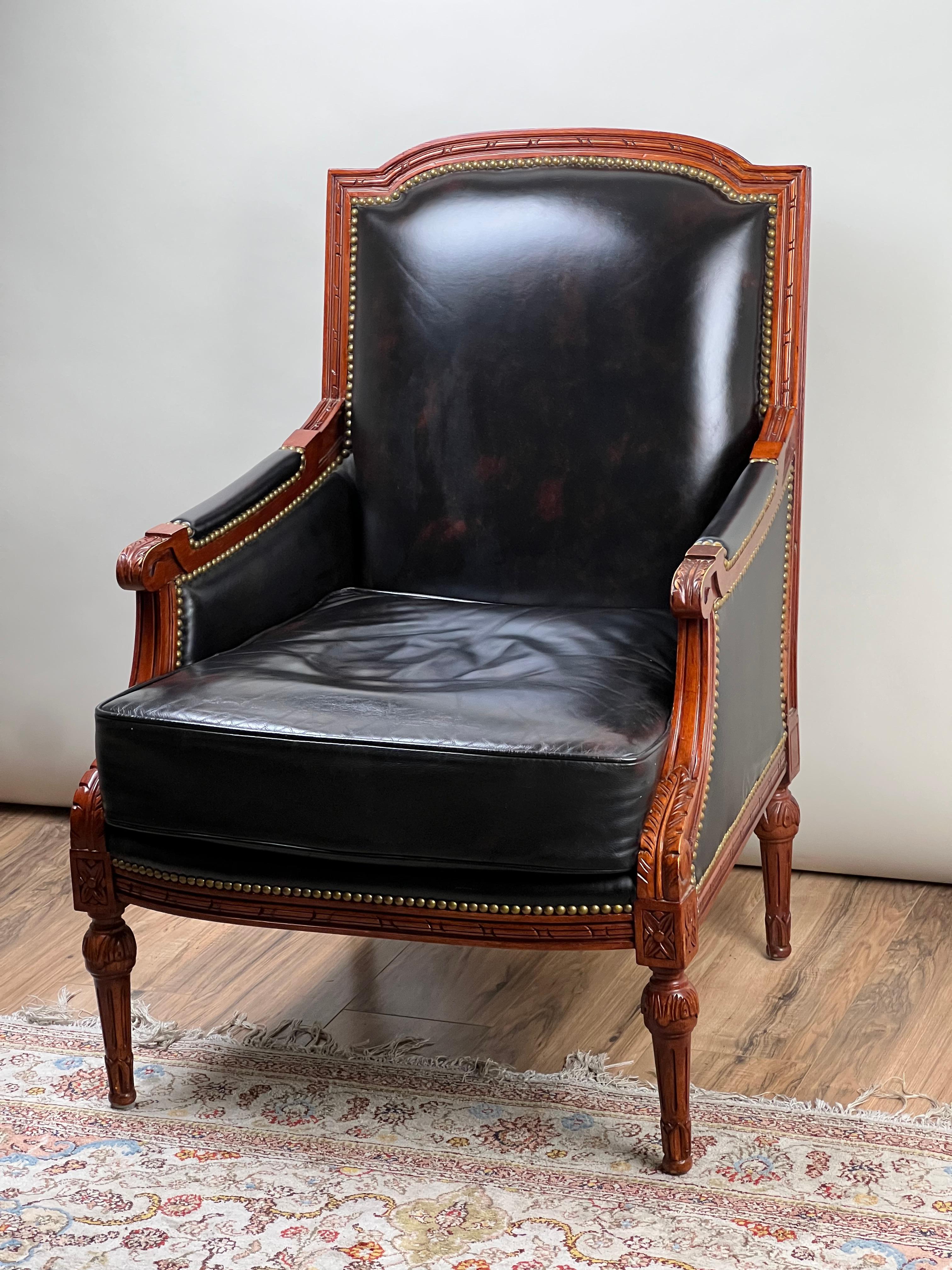 American Vintage Louis XVI Style Leather Bergere Chair by Pennsylvania House For Sale