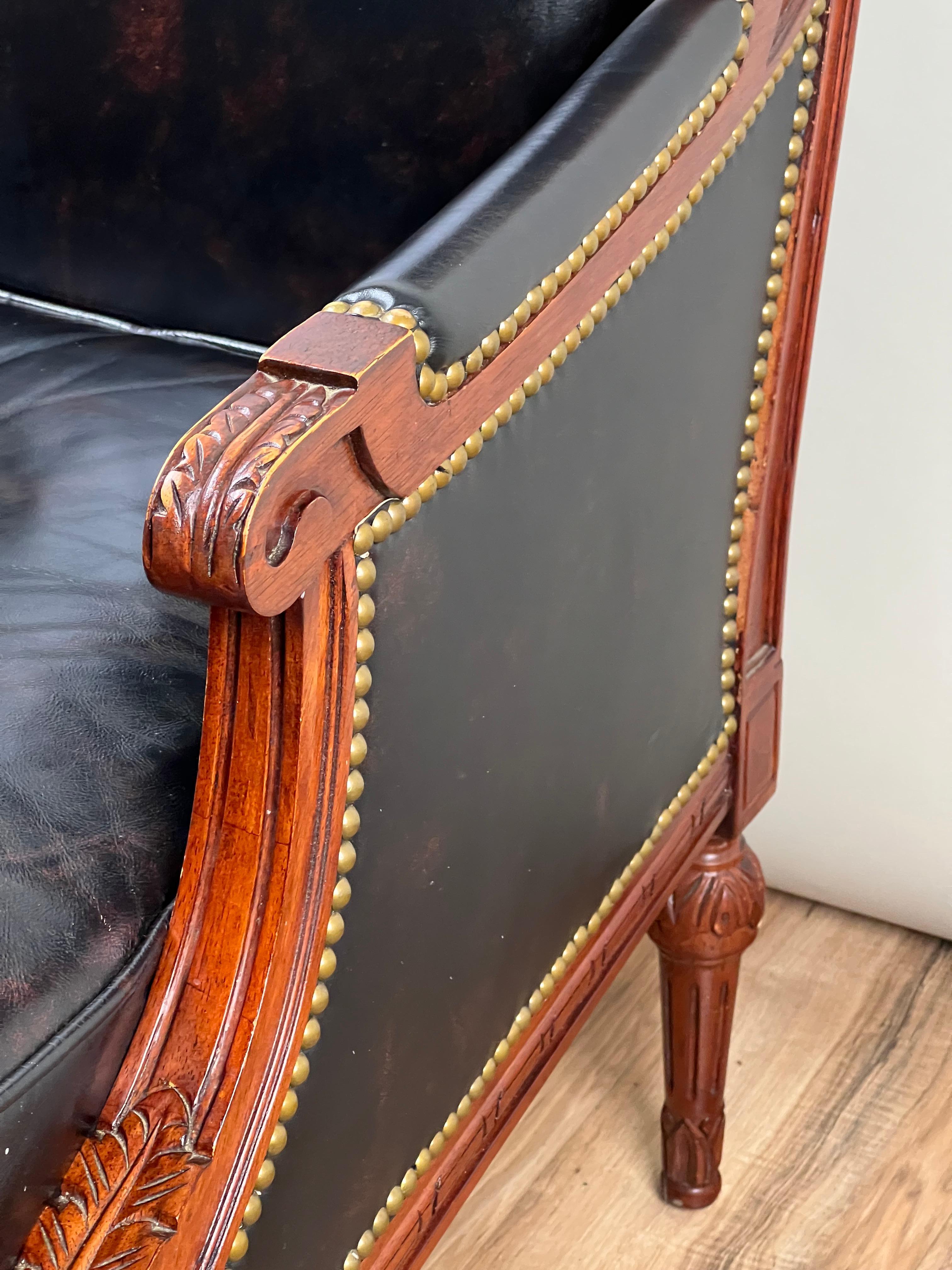 Vintage Louis XVI Style Leather Bergere Chair by Pennsylvania House For Sale 1