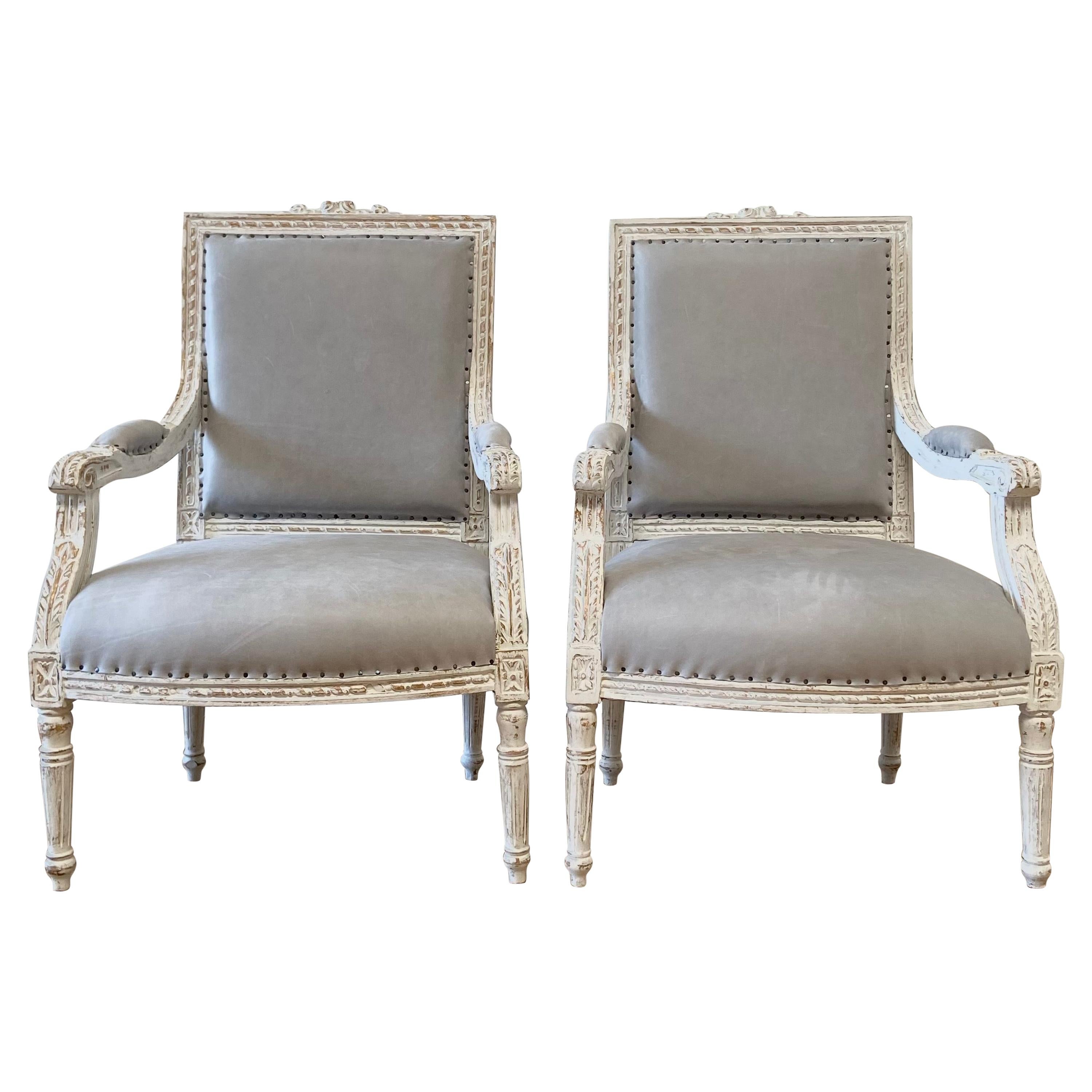 Vintage Louis XVI Style Open Arm Chairs in Leather For Sale