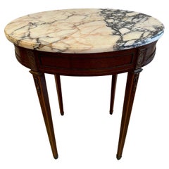 Table d'appoint ovale vintage de style Louis XVI avec plateau en marbre