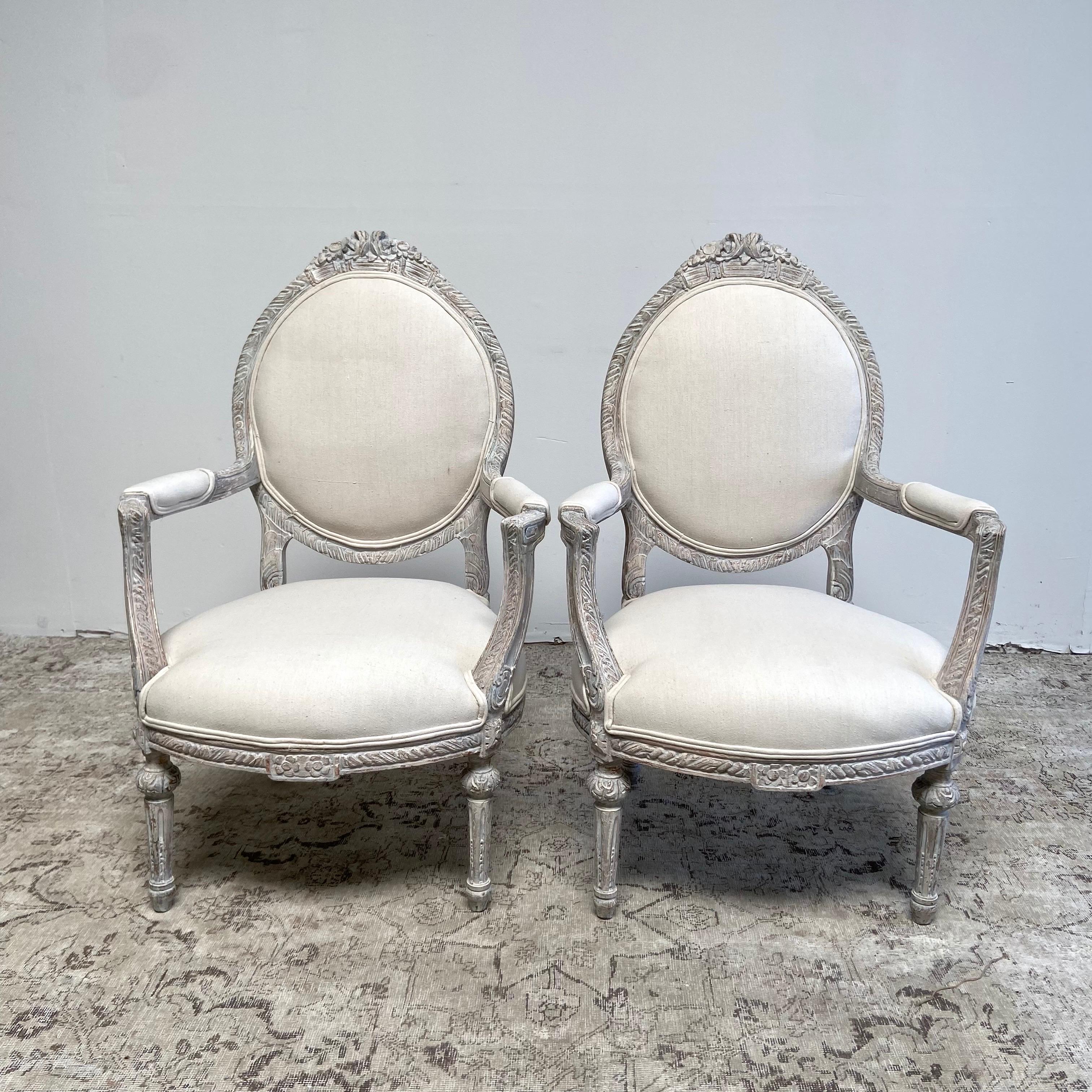 Vintage Louis XVI Style Painted and Upholstered Arm Chairs 5