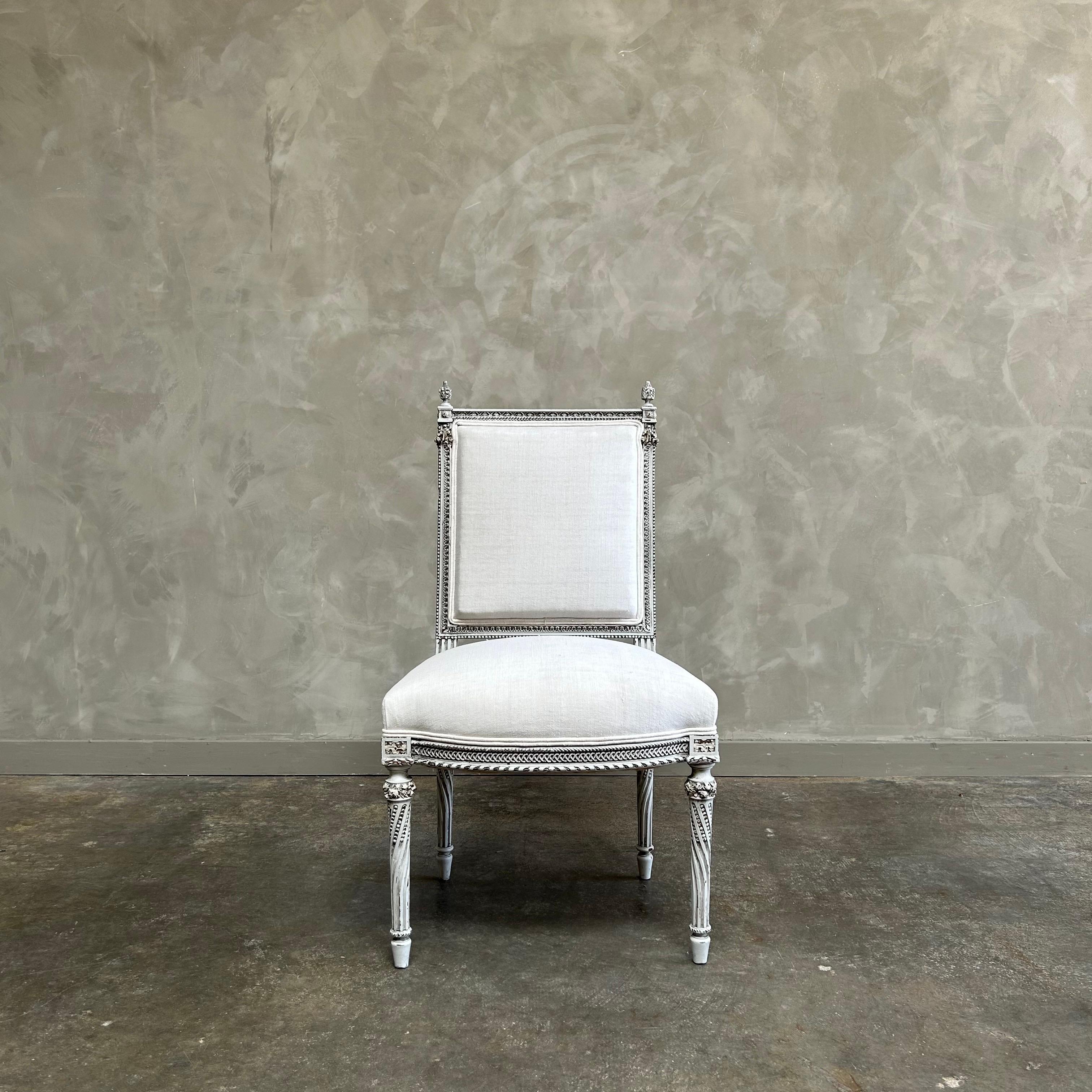 Antique Louis XVI style painted and upholstered chair
Painted in an oyster french gray washed finished, with subtle distressed edges, and upholstered in a standard cotton muslin.
Solid and sturdy ready for everyday use.
Antique chair 21”w x 21”d x