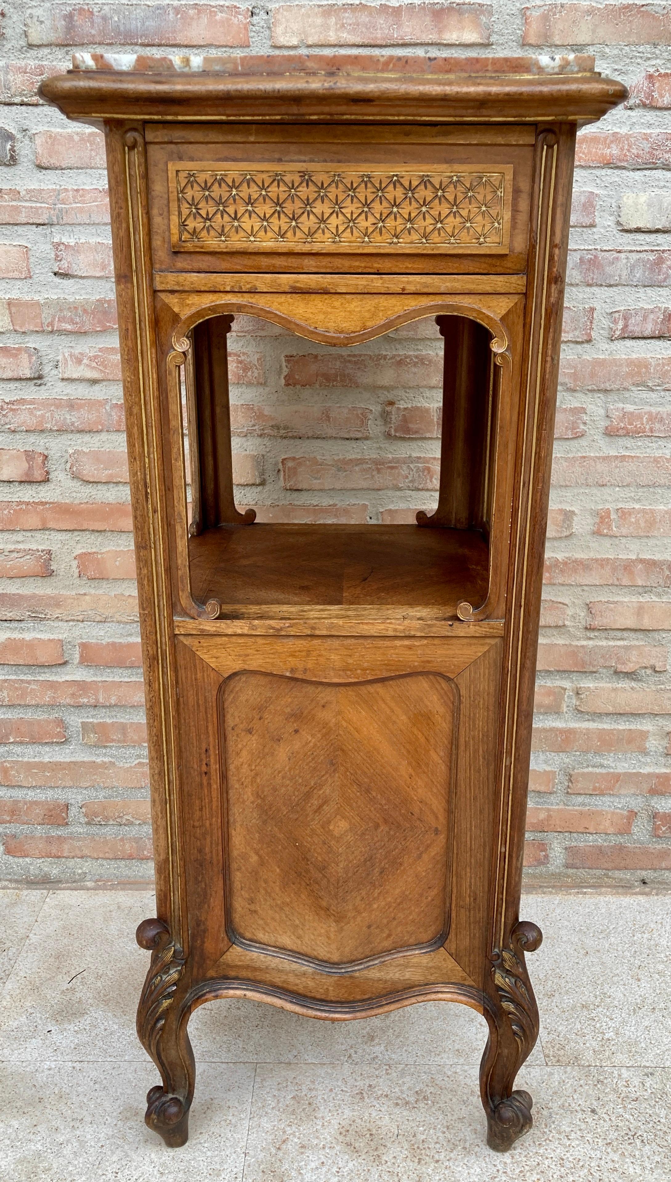 French Vintage Louis XVI Style Spanish Nightstands in Wood and Red Marble, 1920s, Set o For Sale