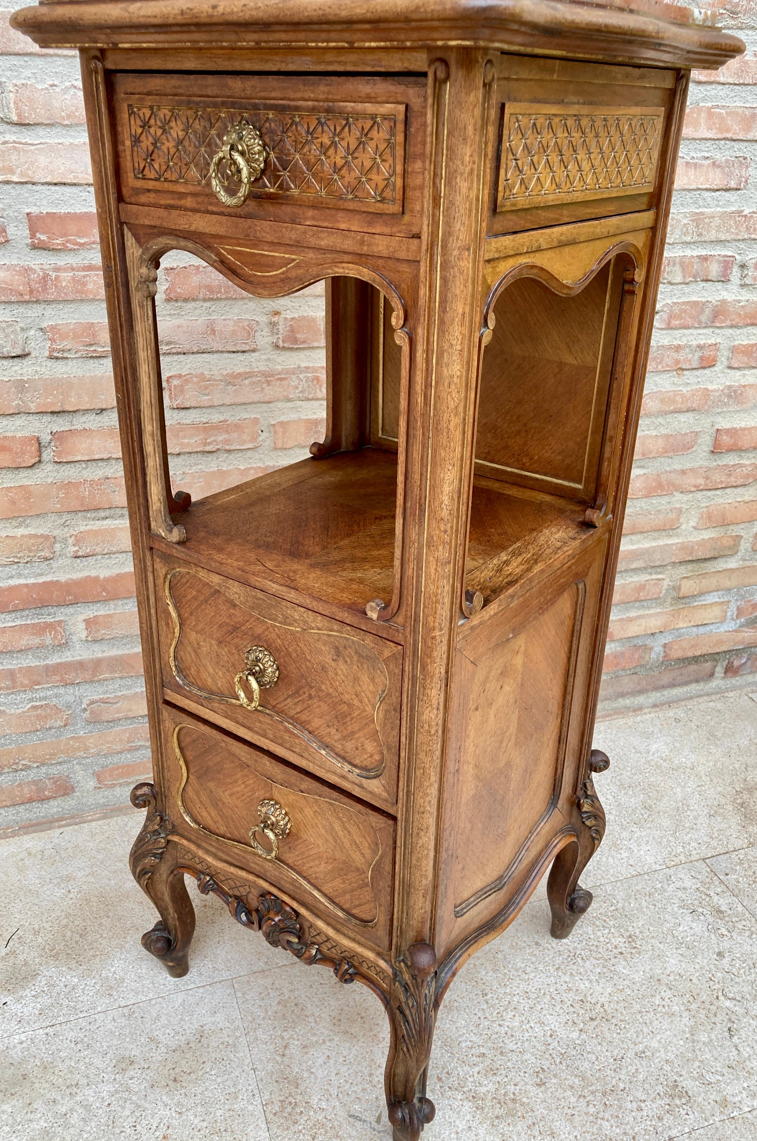 Vintage Louis XVI Style Spanish Nightstands in Wood and Red Marble, 1920s, Set o In Good Condition For Sale In Miami, FL