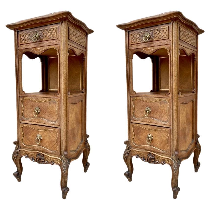 Vintage Louis XVI Style Spanish Nightstands in Wood and Red Marble, 1920s, Set o For Sale