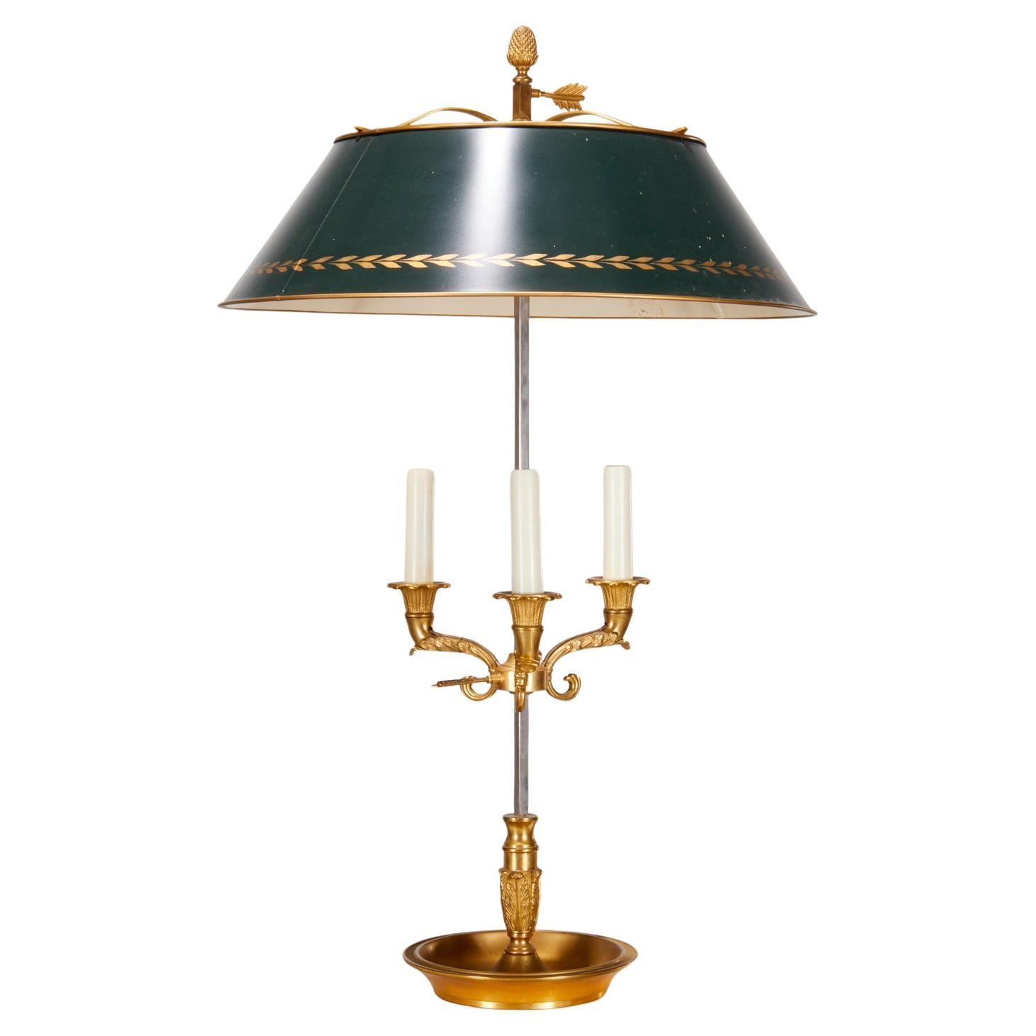 Vintage Louis XVI Style Three Light Bronze Bouillotte Table Lamp and Green Shade