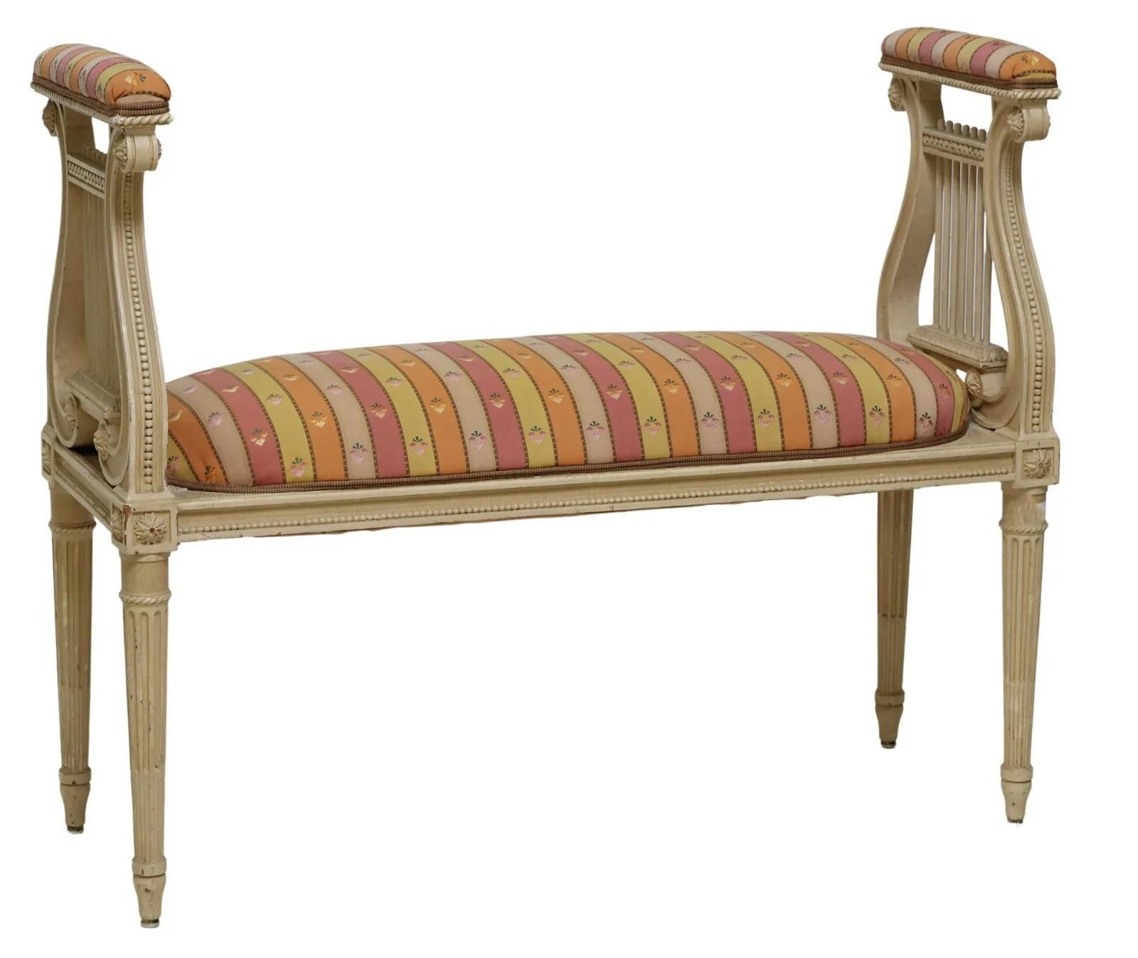 Hand-Crafted Vintage Louis XVI Style Upholstered Painted Lyre Bench For Sale